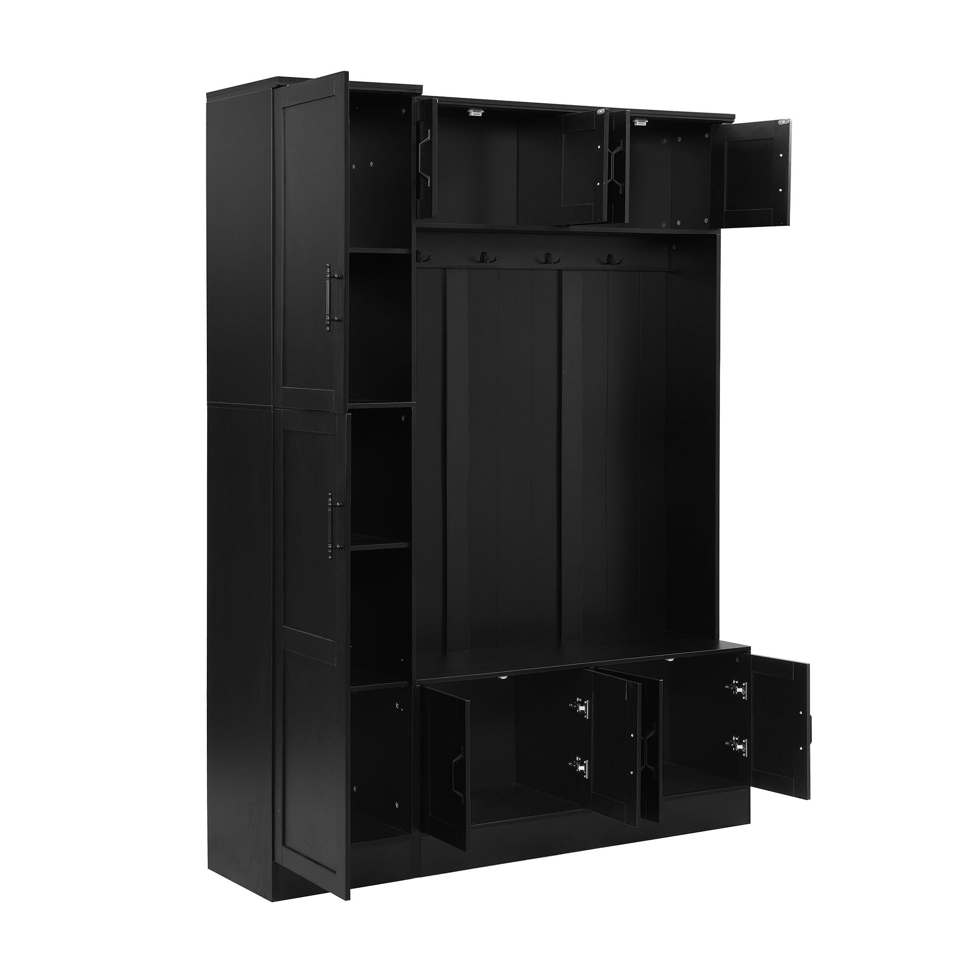 Tall Hall Tree With Shoe Storage, 4 In 1 Entryway Bench With 6 Cabinets, 4 Coat Hooks & Adjustable Shelf For Hallway - Black