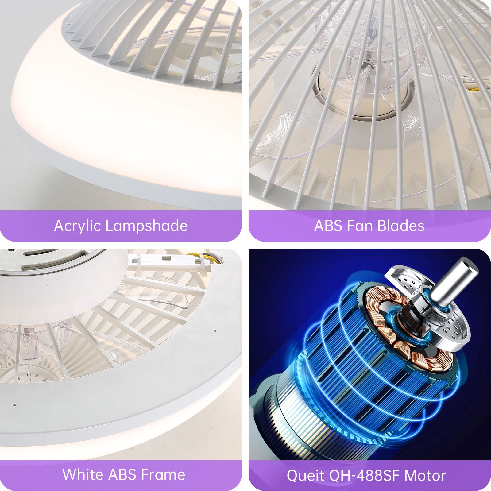 RGB Dimmable LED Enclosed Ceiling Fan With Remote Control, Bladeless Design - White