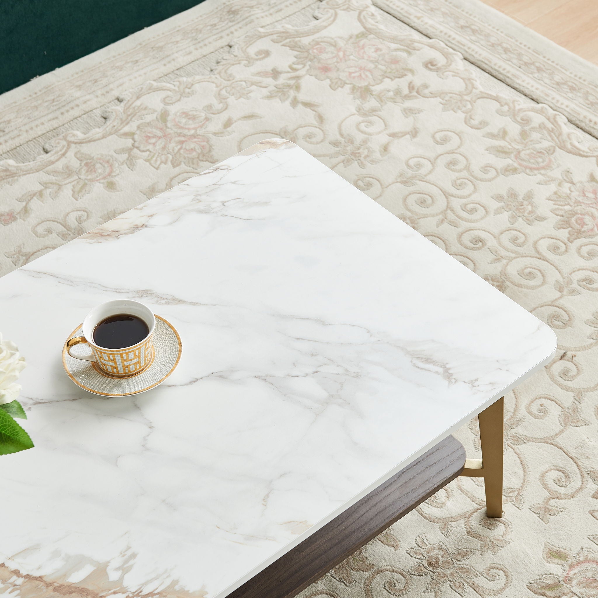 Coffee Table Rectangular Center Table For Living Room Open Space Side Table With Metal Frame - Golden / White