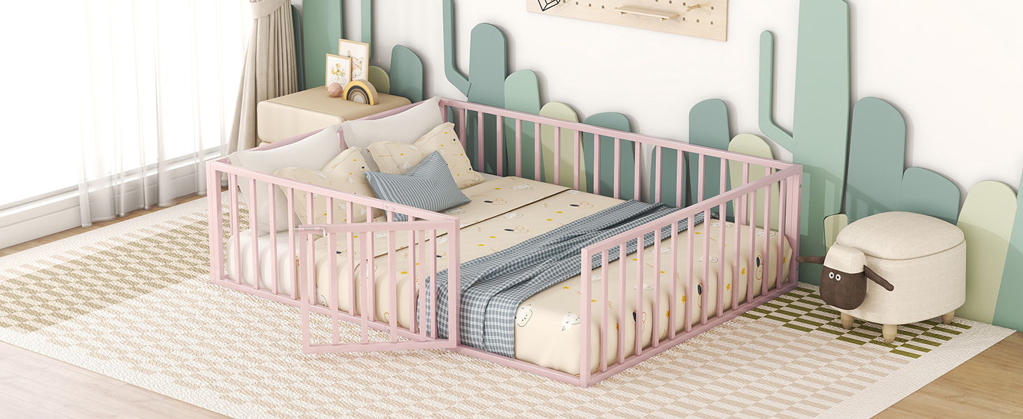 Metal Floor Bed Frame With Fence And Door