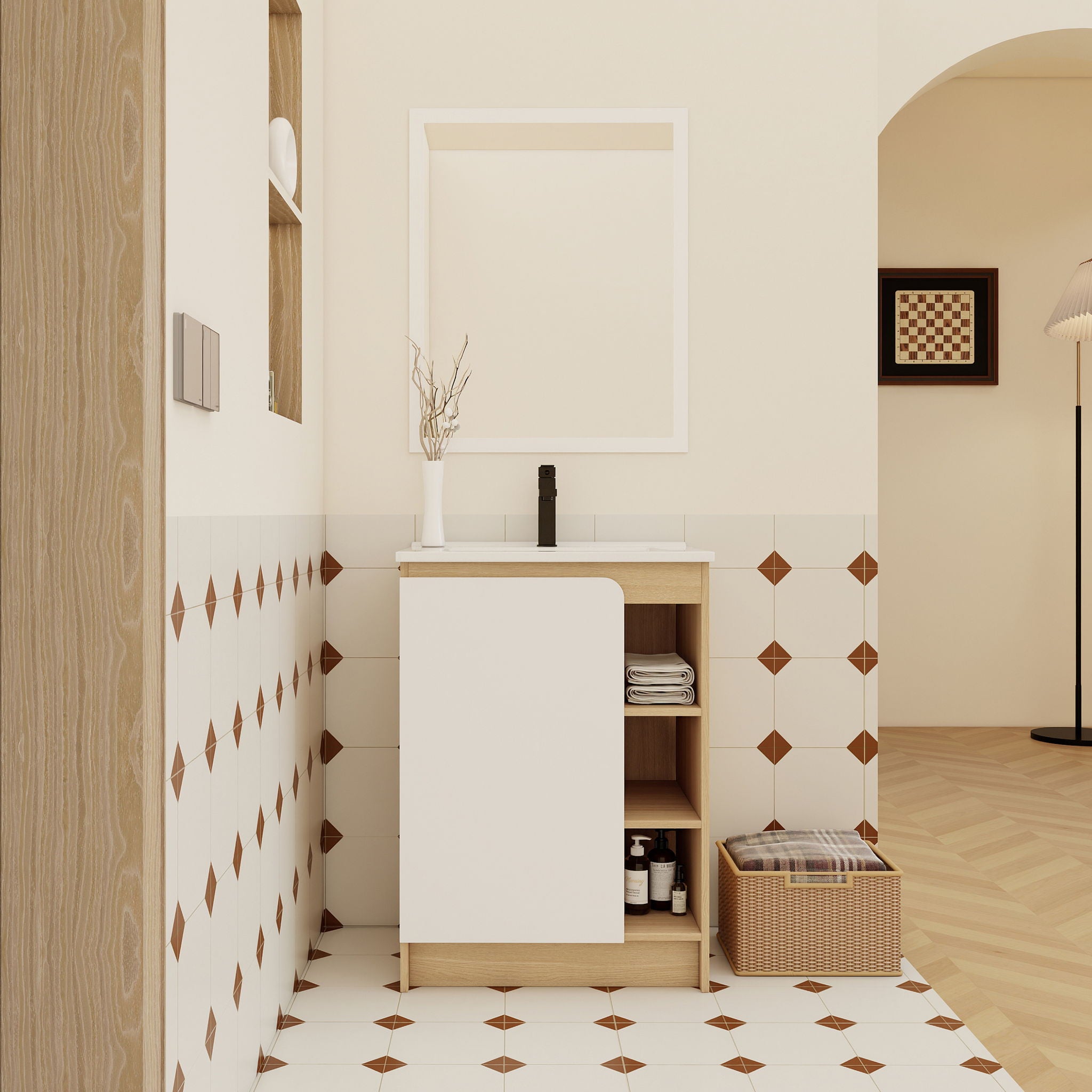 Freestanding Bathroom Vanity With Thin Rim Sink, Single Door With 4 Tier Open Shelves - Light Oak / White