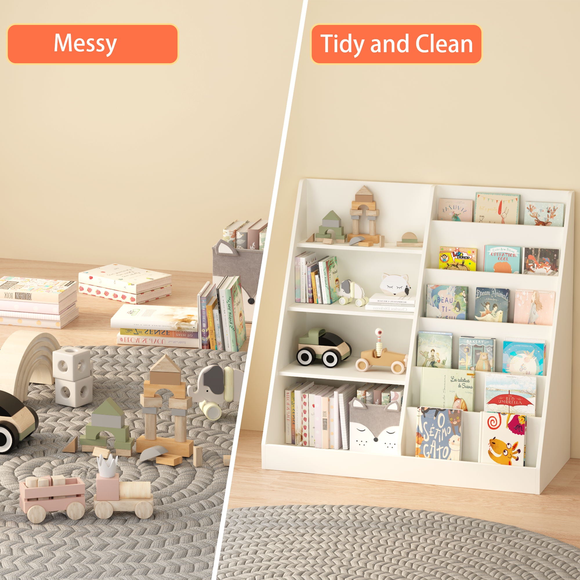 Bookshelf And Toy Storage Organizer, 4 Tier Bookcase With Display Stand For Playroom