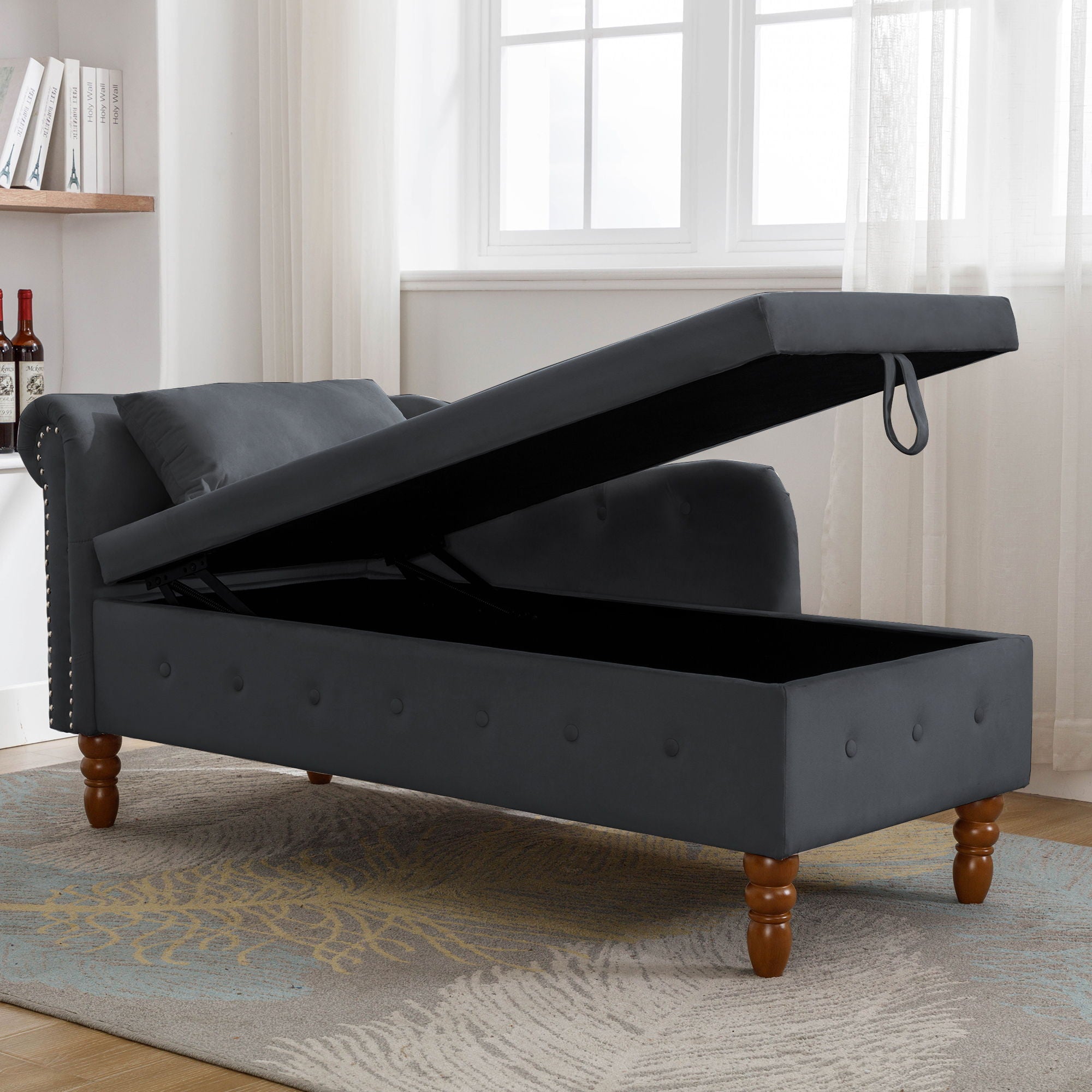 Chaise Lounge Indoor, Lounge Chair For Bedroom With Storage & Pillow, Modern Upholstered Rolled Arm Chase Lounge For Sleeping With Nailhead Trim For Living Room Bedroom Office