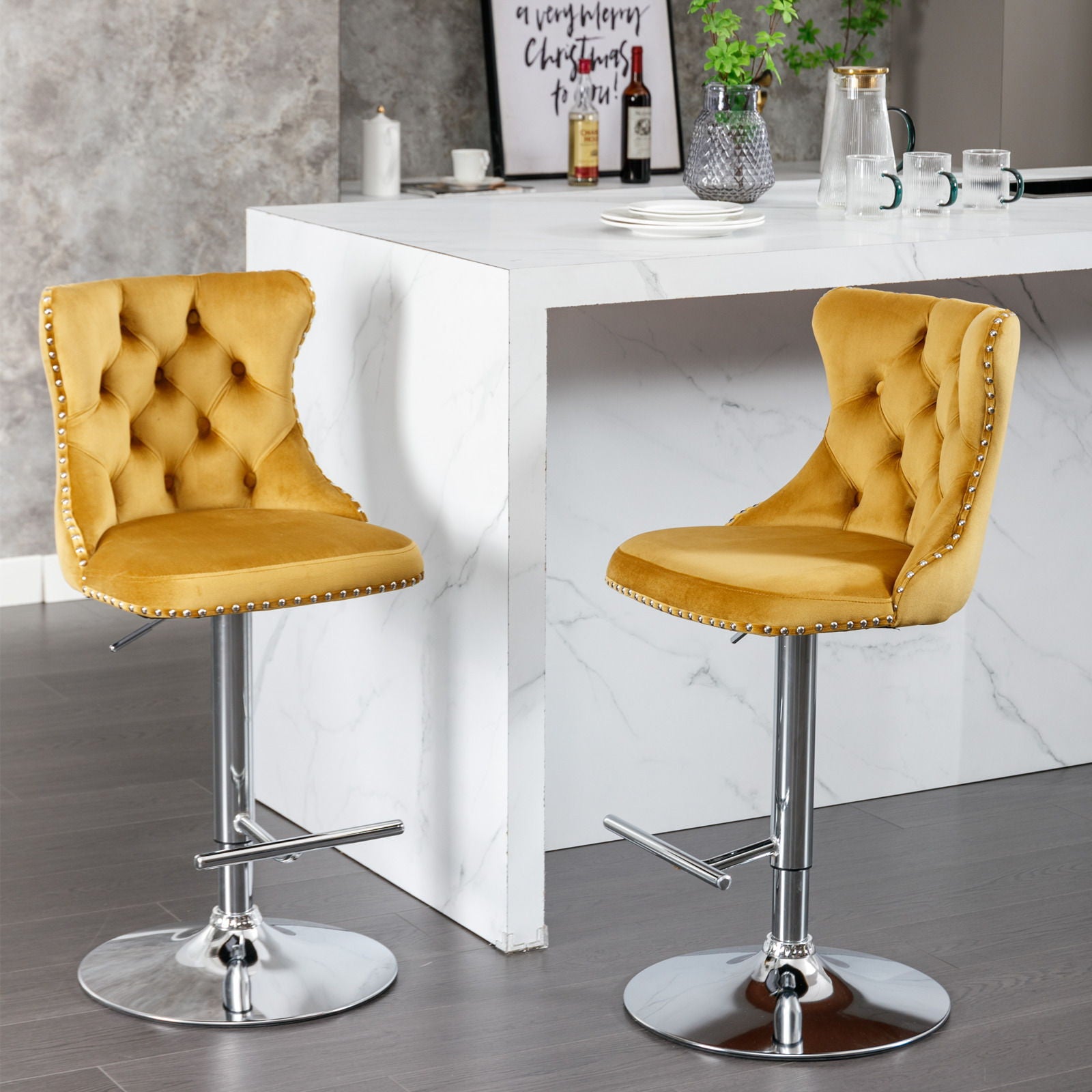 Swivel Barstools Adjusatble Seat Height From 25-33", Modern Upholstered Base Bar Stools With Backs Comfortable Tufted For Home Pub And Kitchen Island (Set of 2)