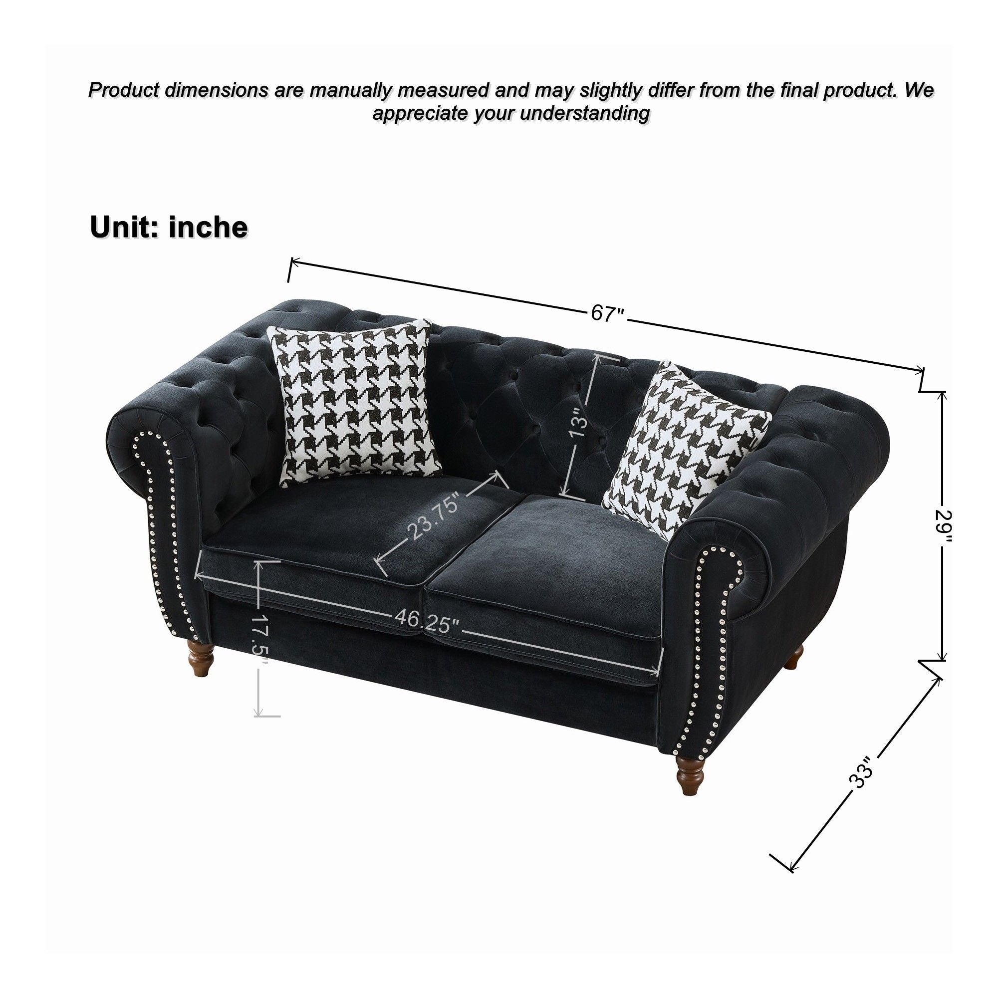 Chesterfield 3 And 2 Seater Upholstery Sofa With Roll Armrest & Nailhead Fabric Couch