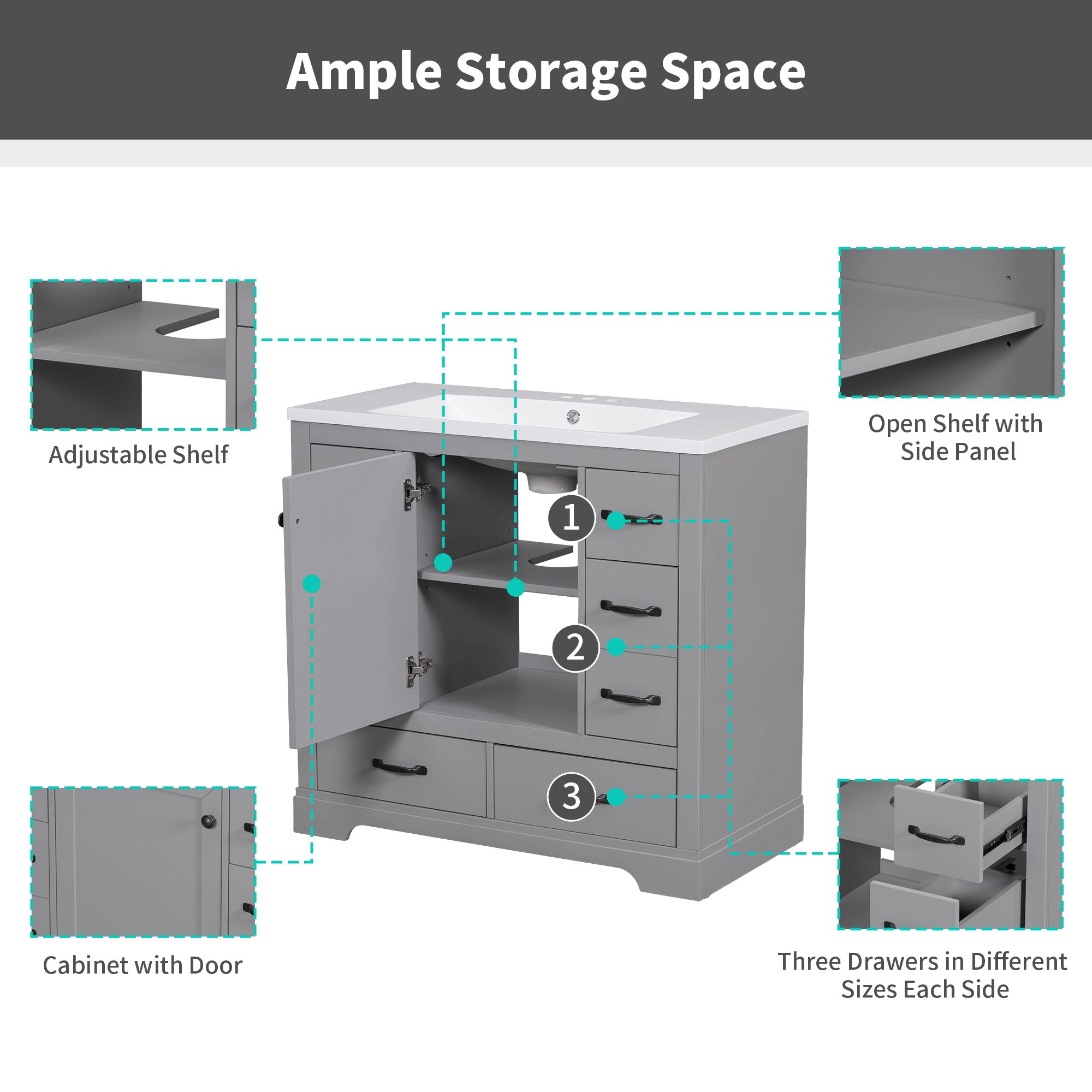 36" Bathroom Vanity Without Sink, Cabinet Base Only, 6 Drawers, Multi Functional Drawer Divider, Adjustable Shelf - Gray