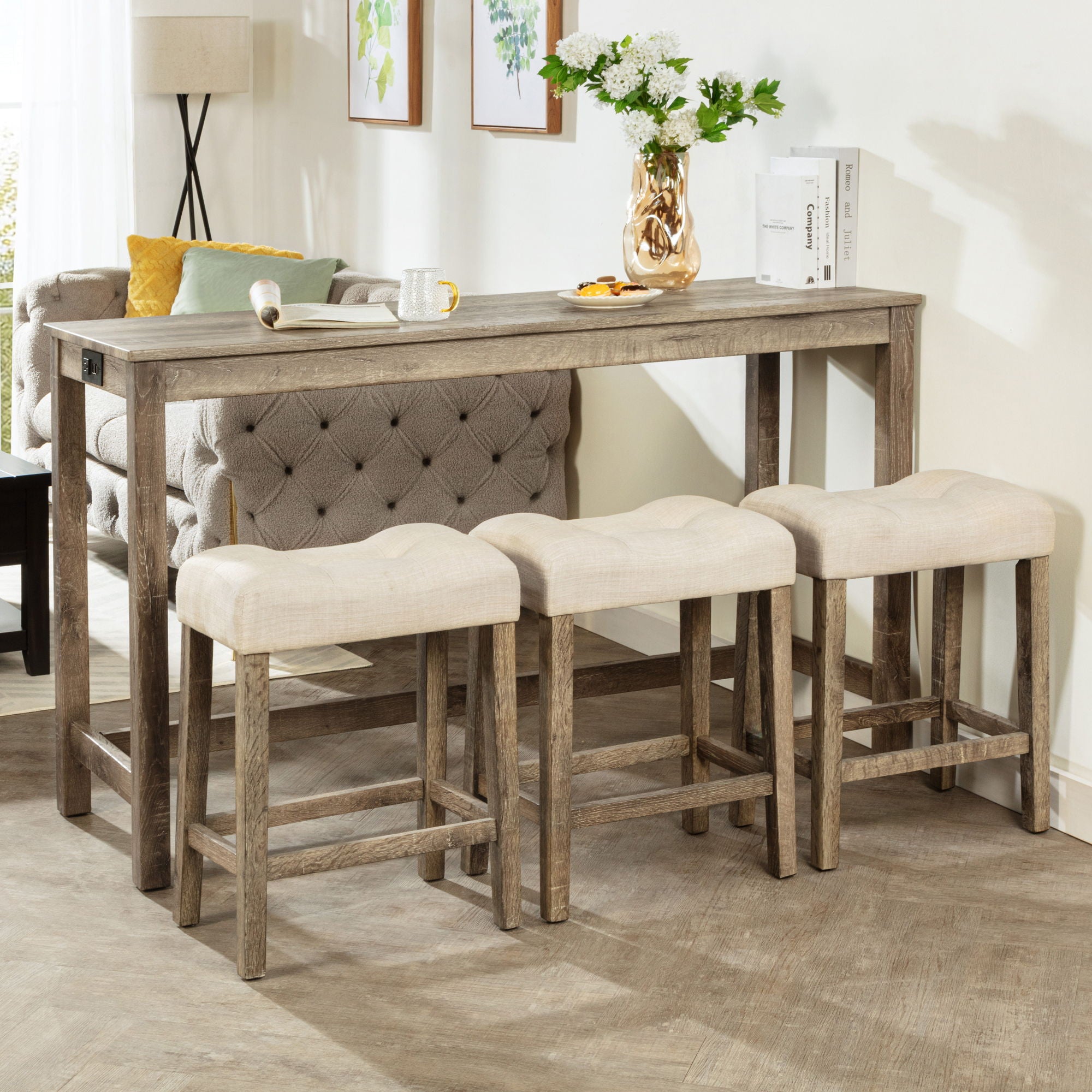 4 Piece Bar Table Set With Power Outlet, 3 Padded Stools