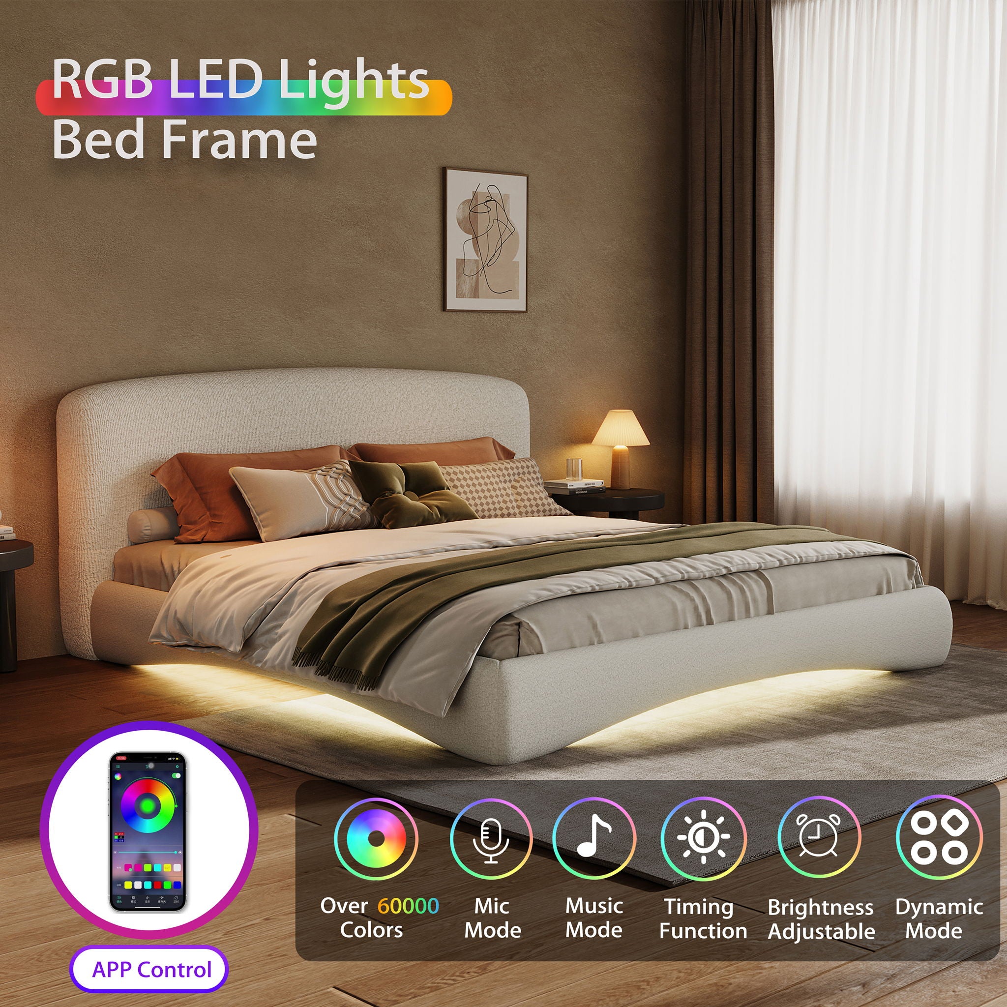 King Curved Upholstered Bed With Smart Ambient Lighting - Cream