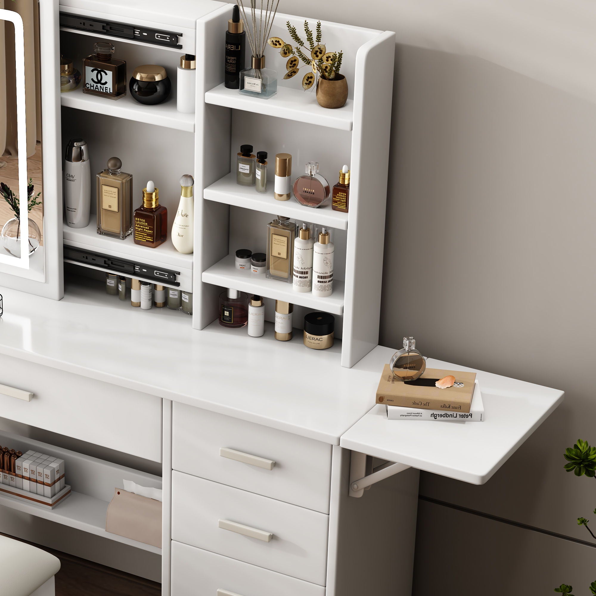 Fashion Vanity Desk With Mirror And Lights For Makeup, 5 Drawers, Adjustable Lighting - White