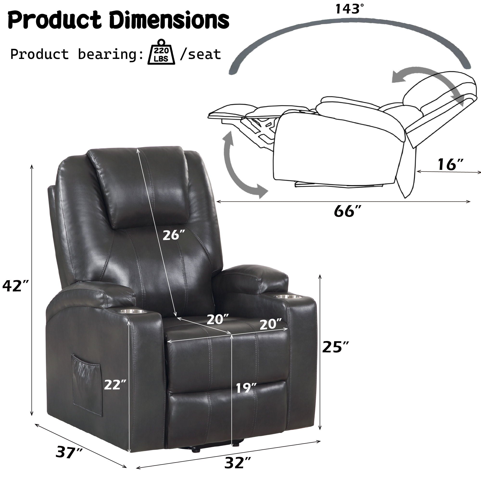 Recliner With Power Lift & Massage - Gunmetal