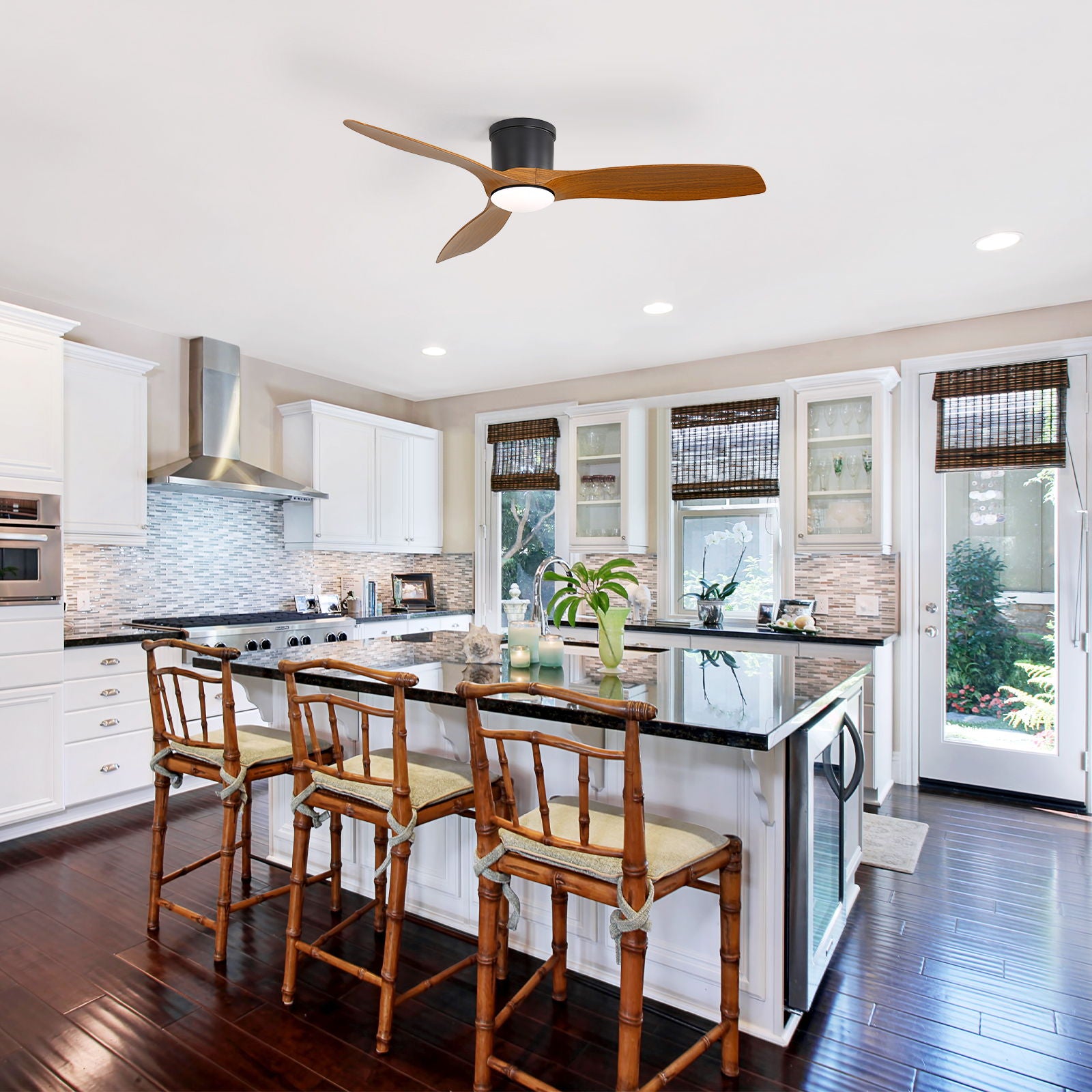 Smart Ceiling Fan With Remote Control, 3 Blades, Dimmable LED Light, Reversible DC Motor - Black