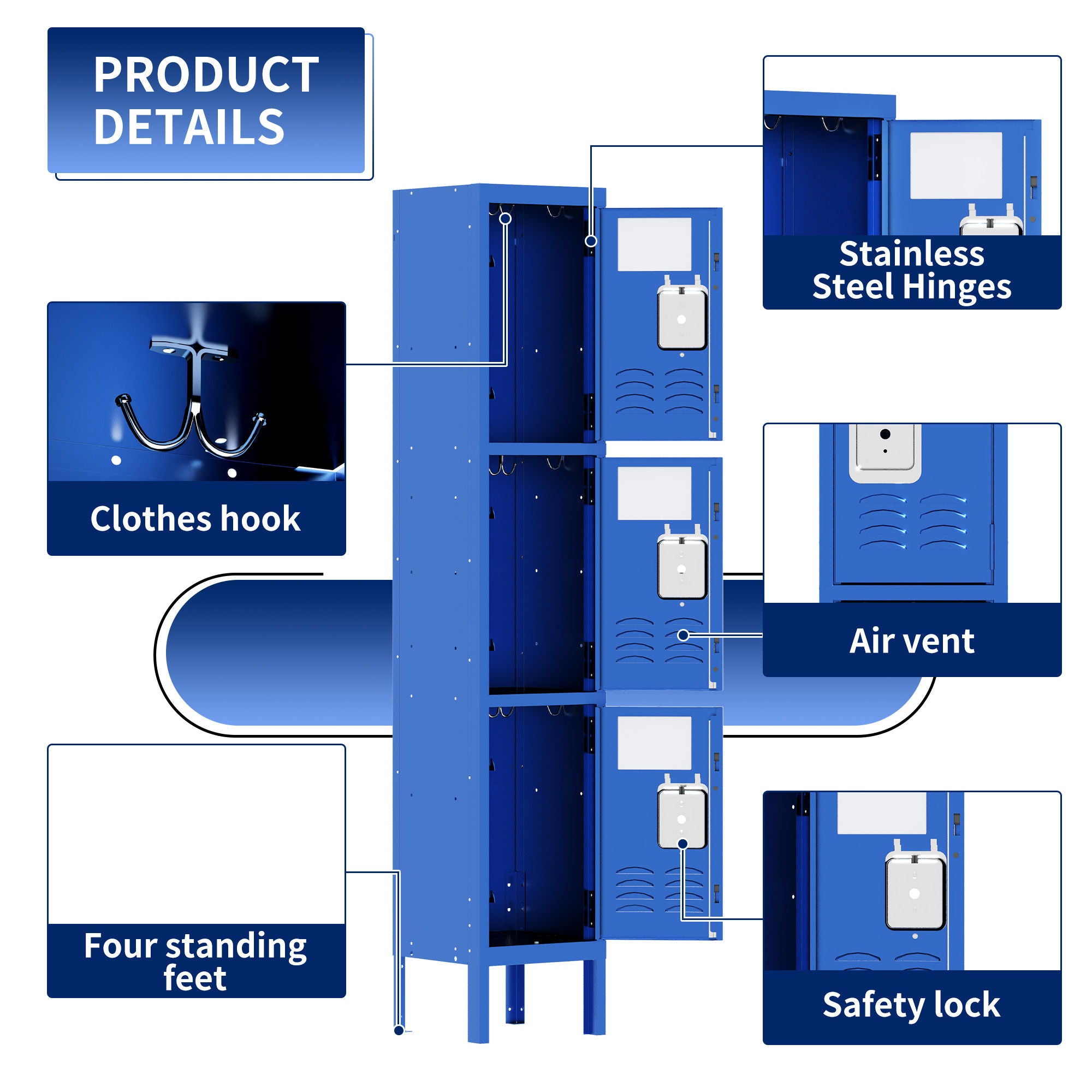 Lockers For Employees With 3 Door Storage Locker Durable For Gym, School, Office - Blue