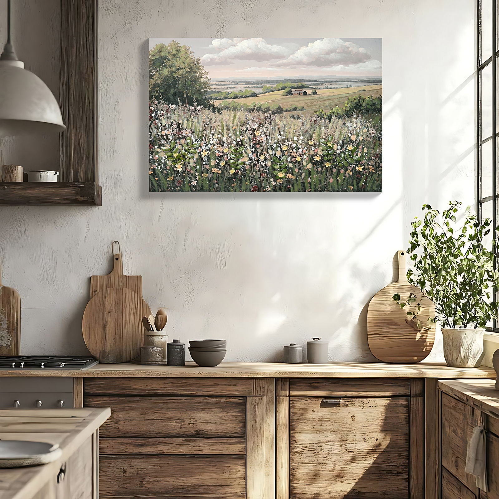 Framed Canvas Wall Art Vintage Decor, Landscape Wall Art - Green / Ivory