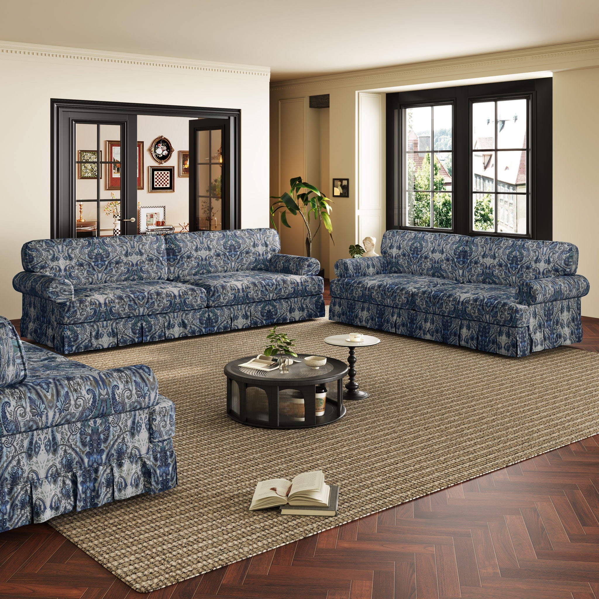 Luxuriously Comfortable Cloud Couch With Elegant Rolled Arms & Pleated Skirt Design