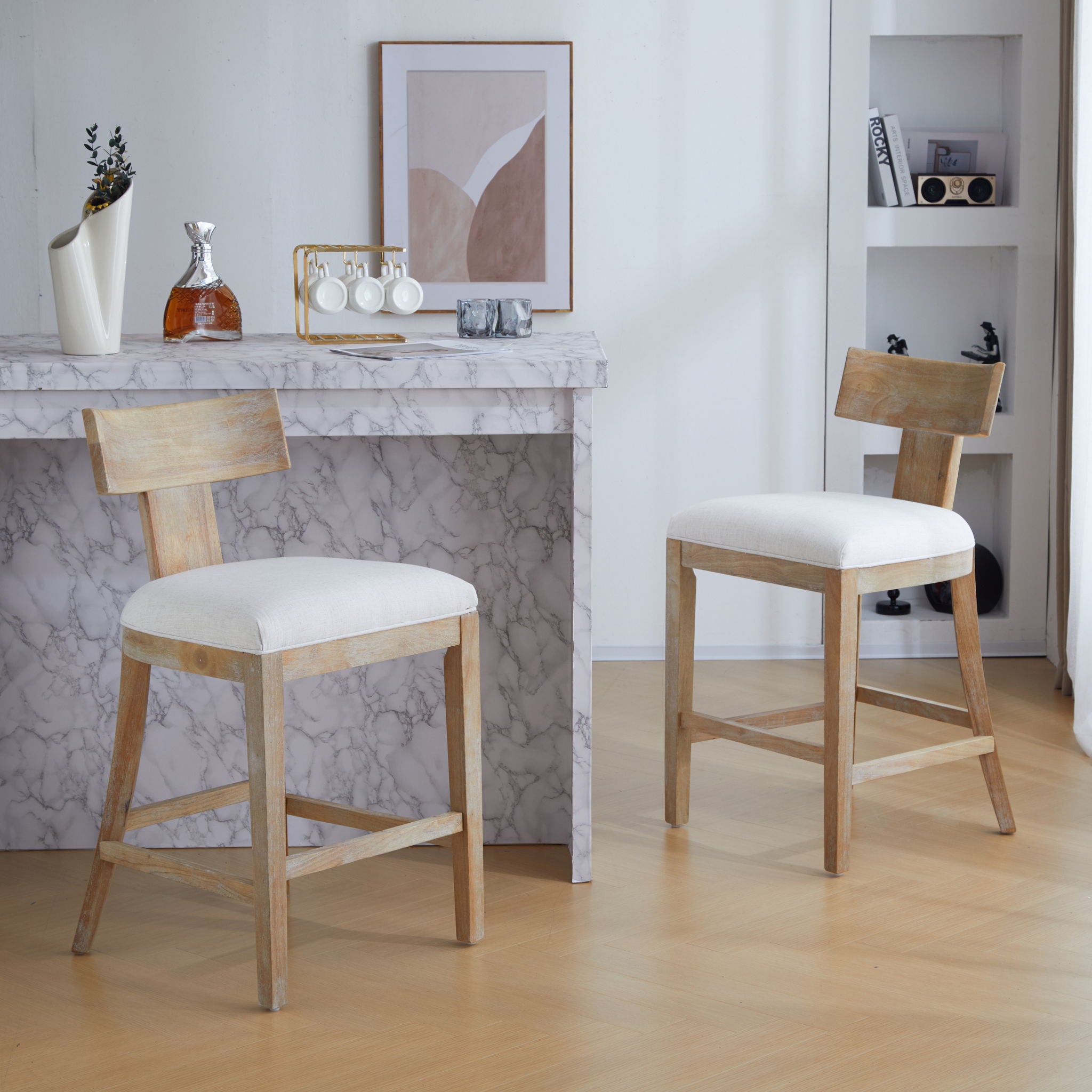 Upholstered Counter Height Bar Stools With Solid Rubber Wood Frame (Set of 2)
