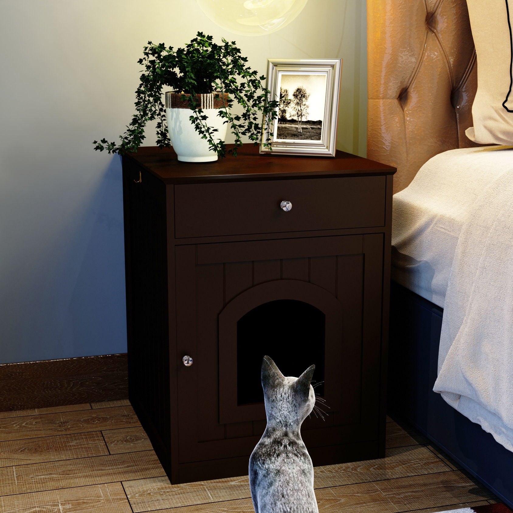 Pet House Cat Litter Box Enclosure With Drawer, Side Table
