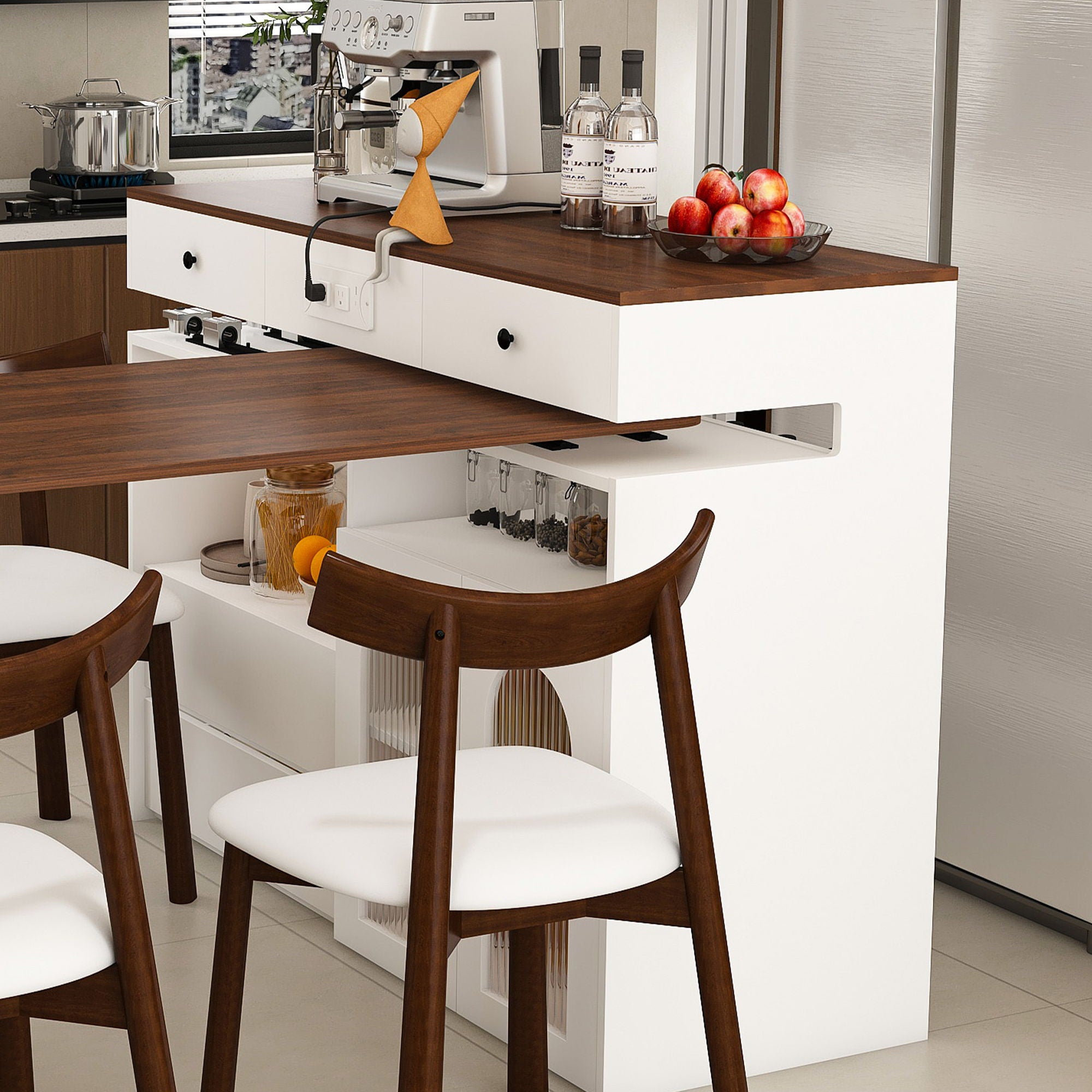 Retro Kitchen Island Set With Chairs, Extendable & Rotating Table, 4 Drawers & Door Cabinets