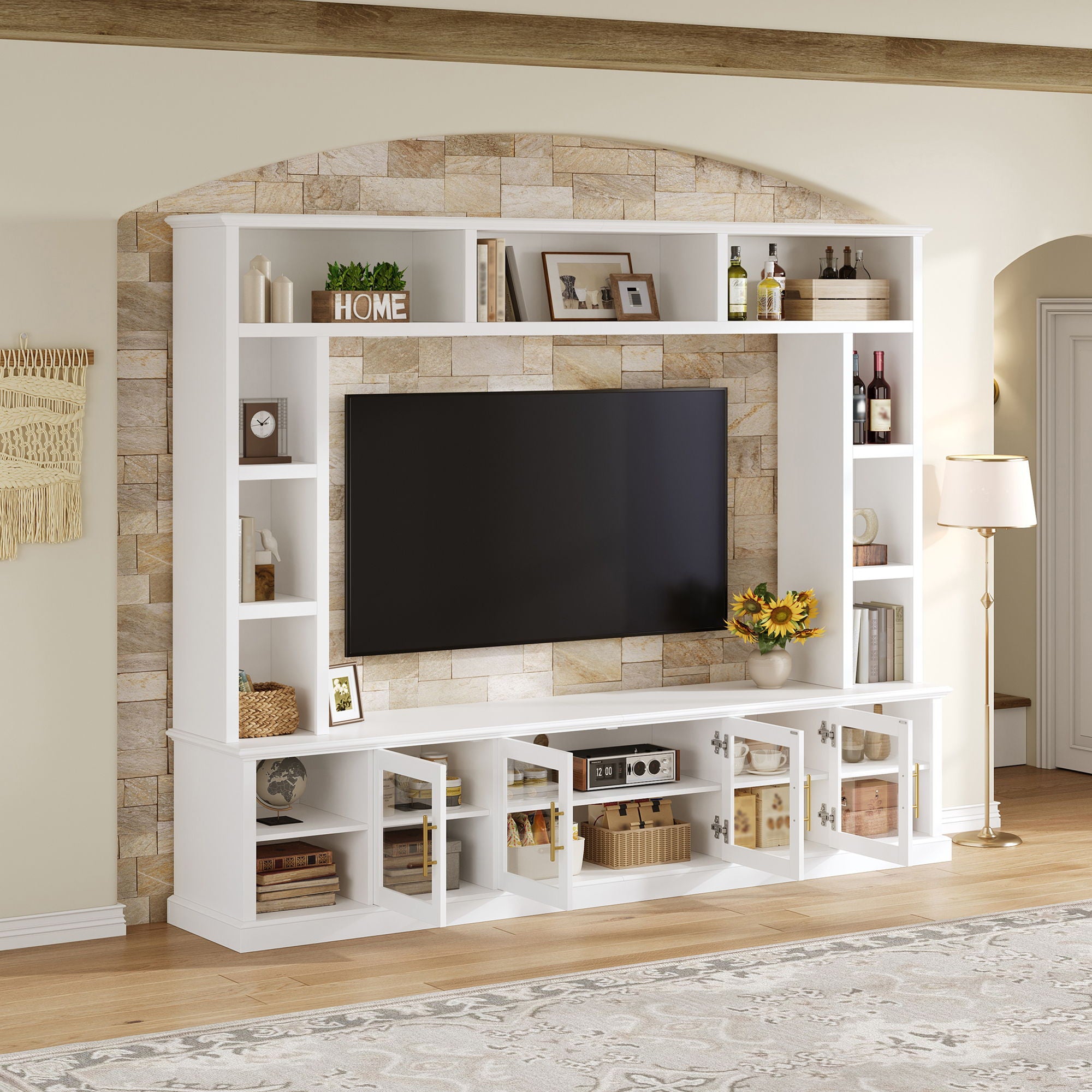 All-In-One Entertainment Center With Bookshelves & Tempered Glass Doors, TV Console Unit For Living Room