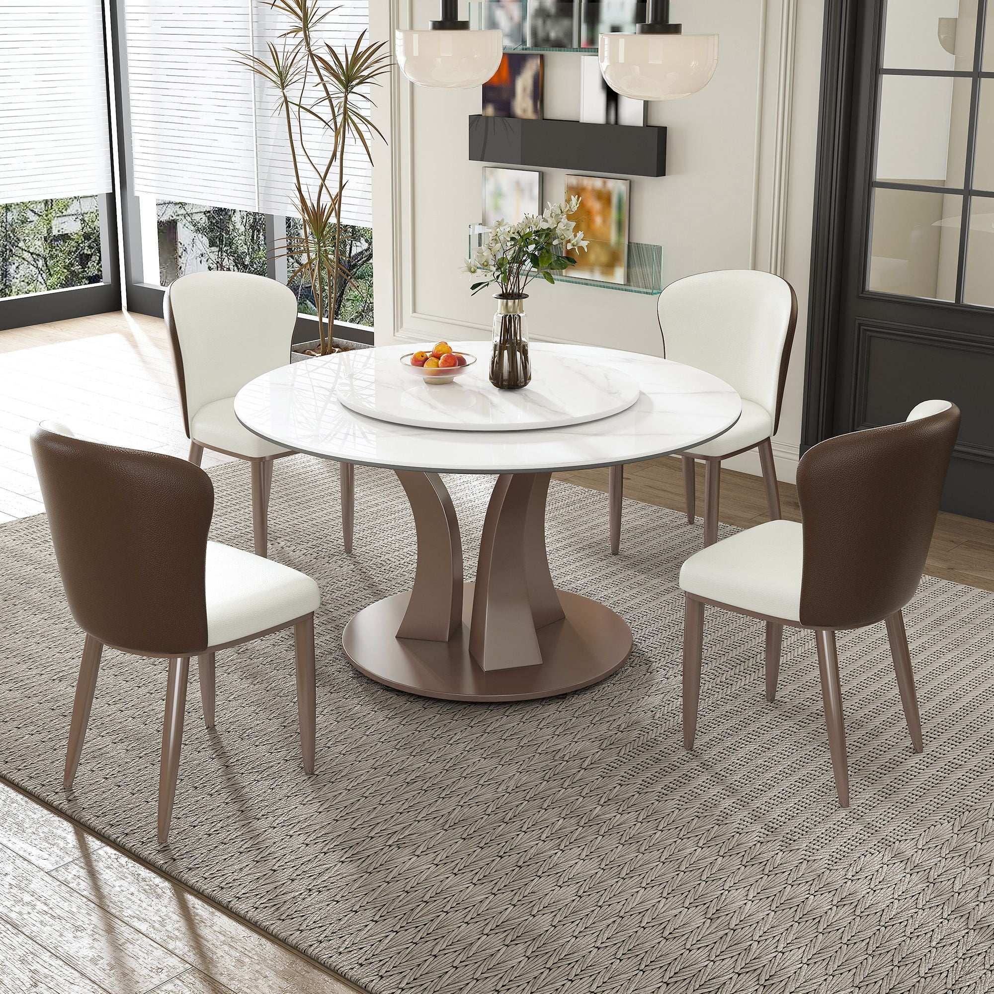 Table With Rotating Tray Scratch & Heat For Kitchen & Restaurant, 4 Chairs - White