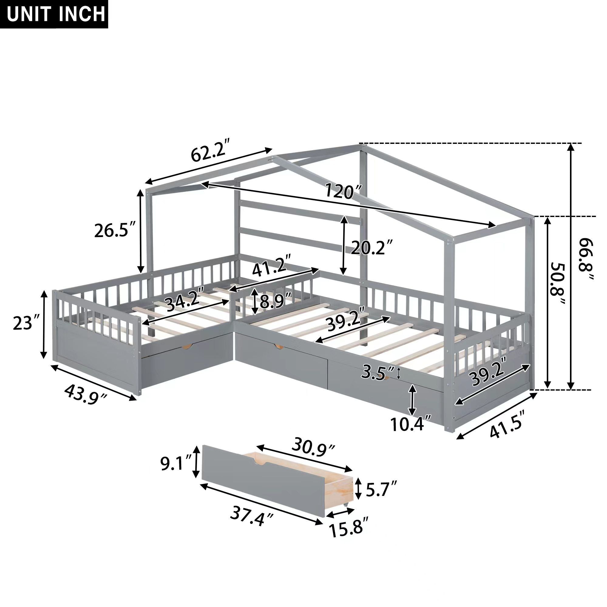 L Shape Platform Bed With 3 Storage Drawers
