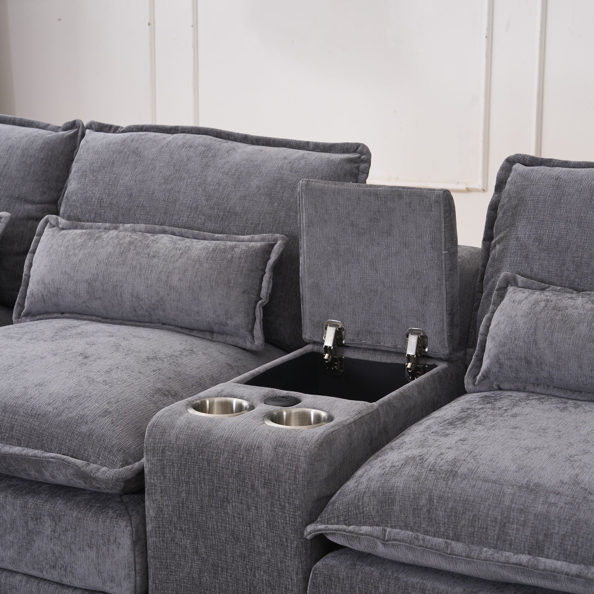 U Shaped Sofa With Console, Cupholders, USB Ports, 6 Seat, Bronzing Suede &