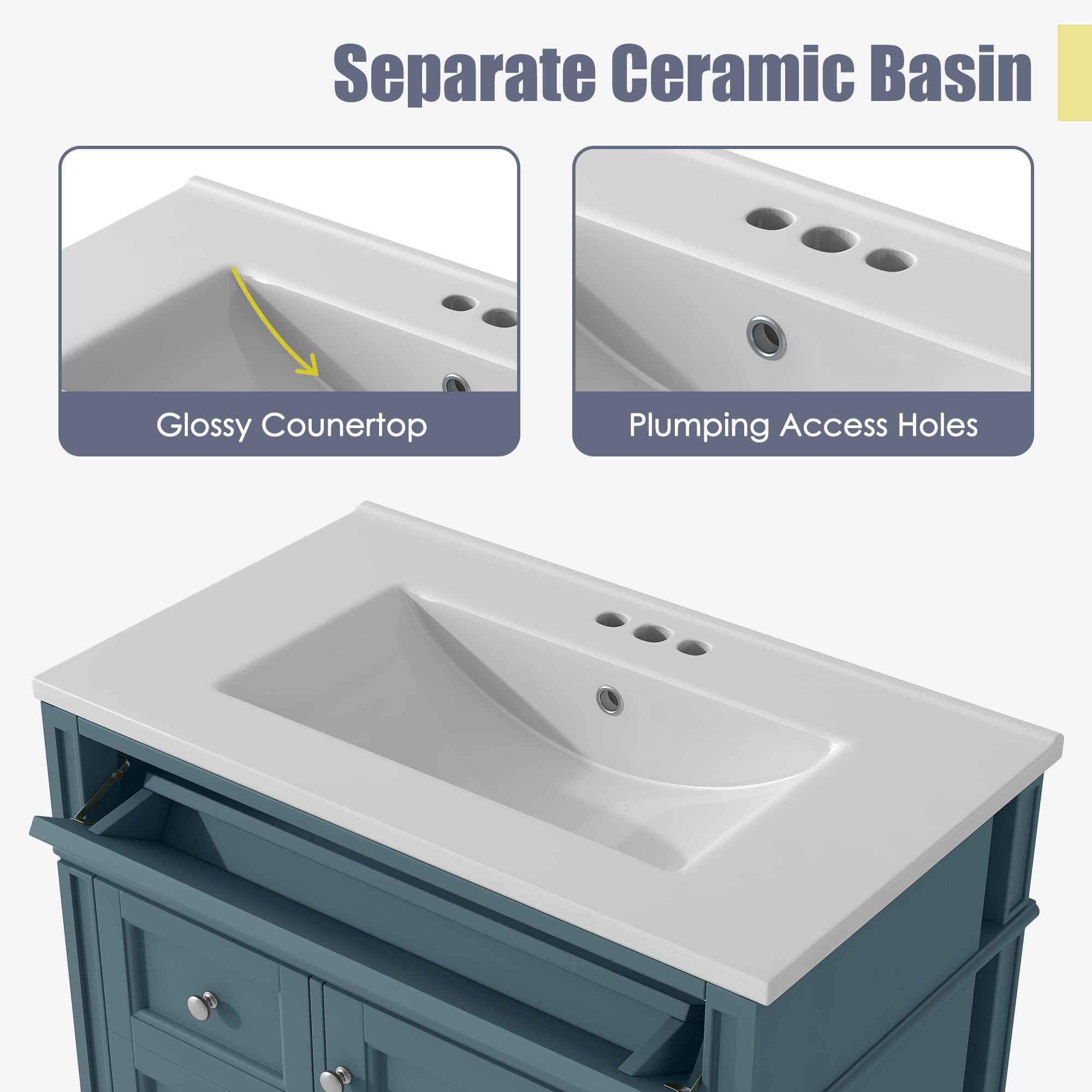 Bathroom Vanity With Top Sink, Storage Cabinet With 2 Drawers And Tip Out Drawer, Rectangular Design - Indigo Blue