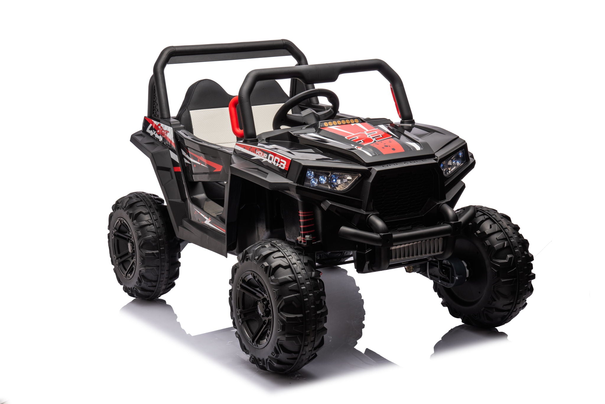 12V7A*2 30W*4 Four-Wheel Drive Seat One Button Start, Forward And Backward, High And Low Speed, Music, Front Light, Power Display, Two Doors Can Open, 2.4G R / C, Seat Belt Four Wheel Absorber