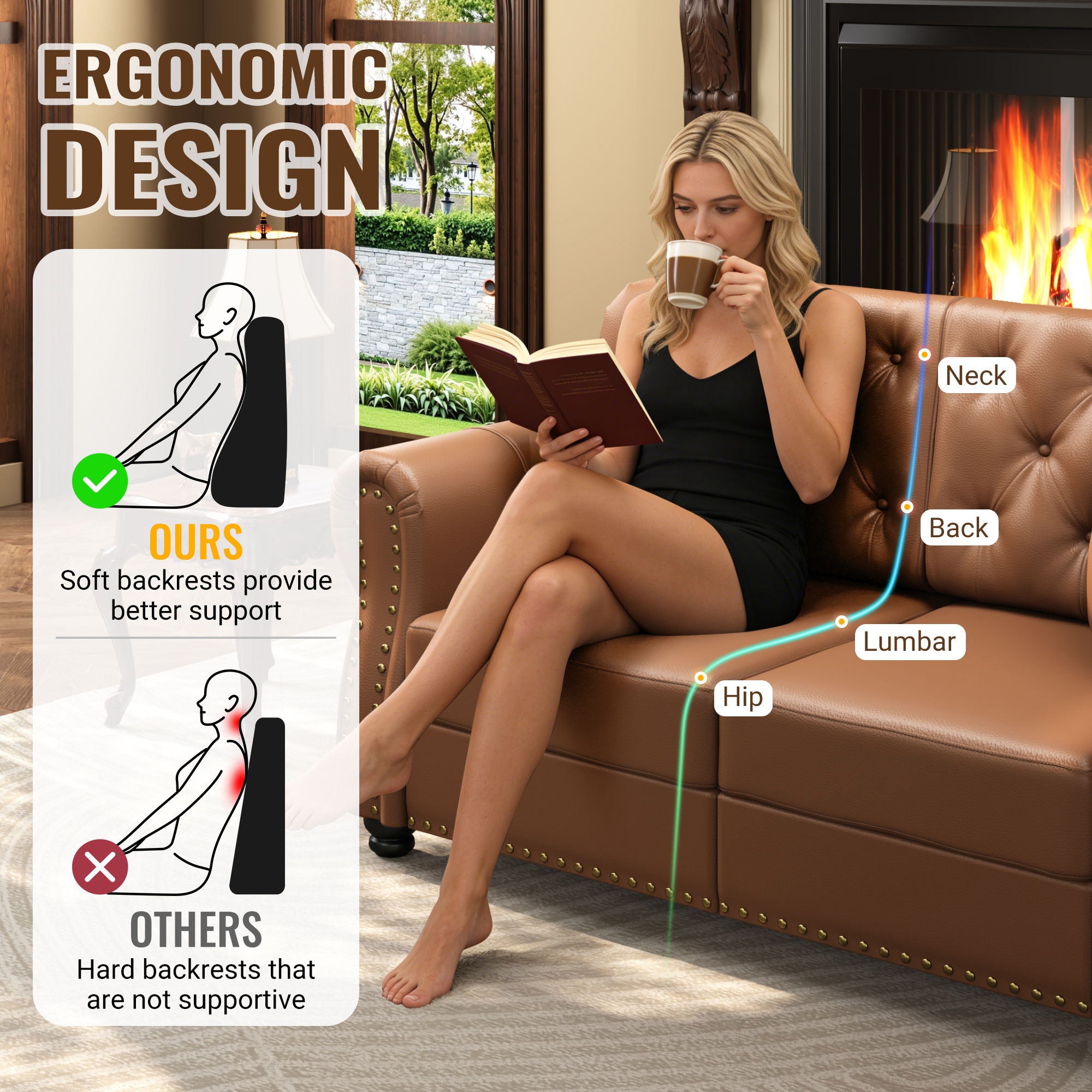 Upholstered Sofa With Nailhead Trim, Rolled Armrests With Ottoman