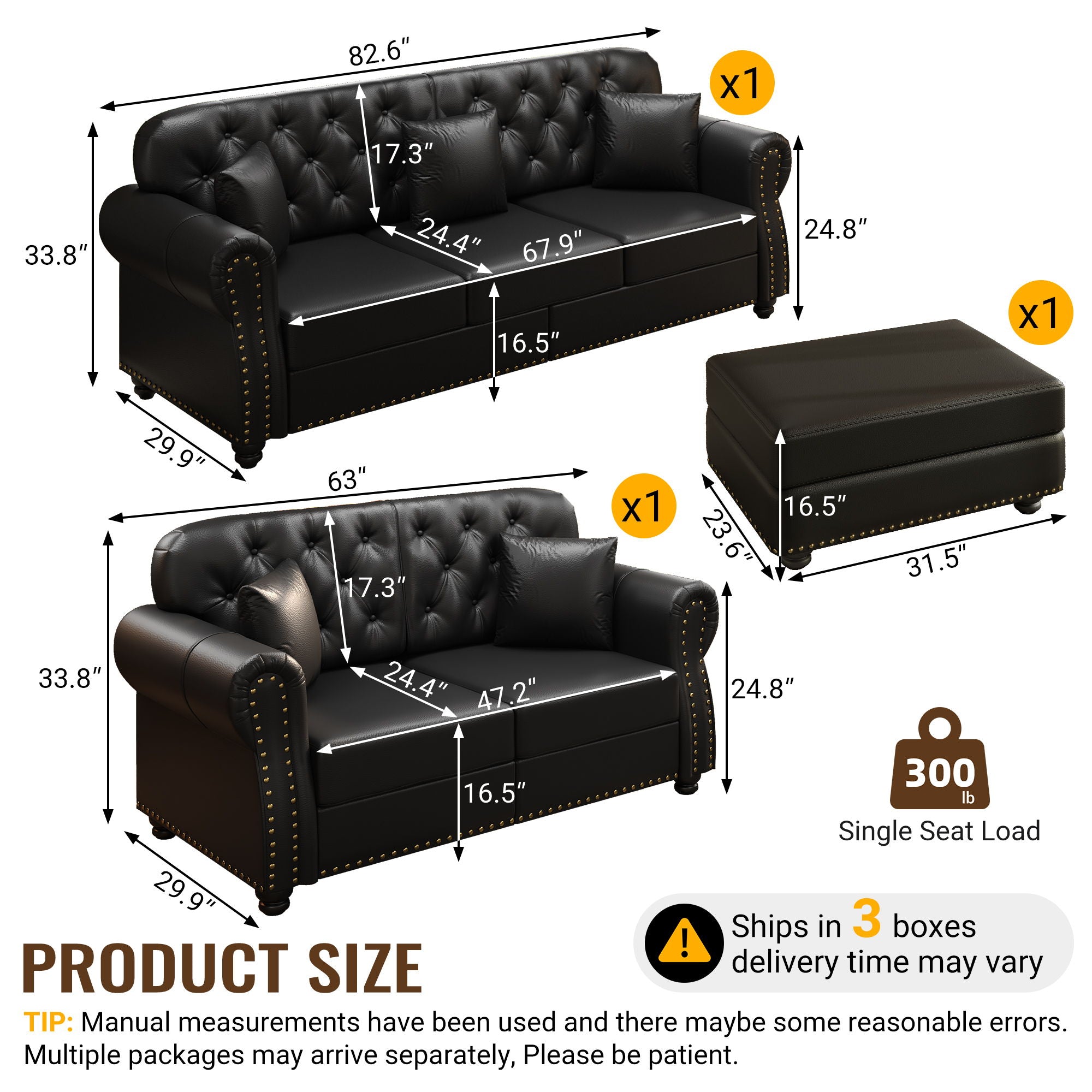 Upholstered Sofa With Nailhead Trim, Rolled Armrests With Ottoman