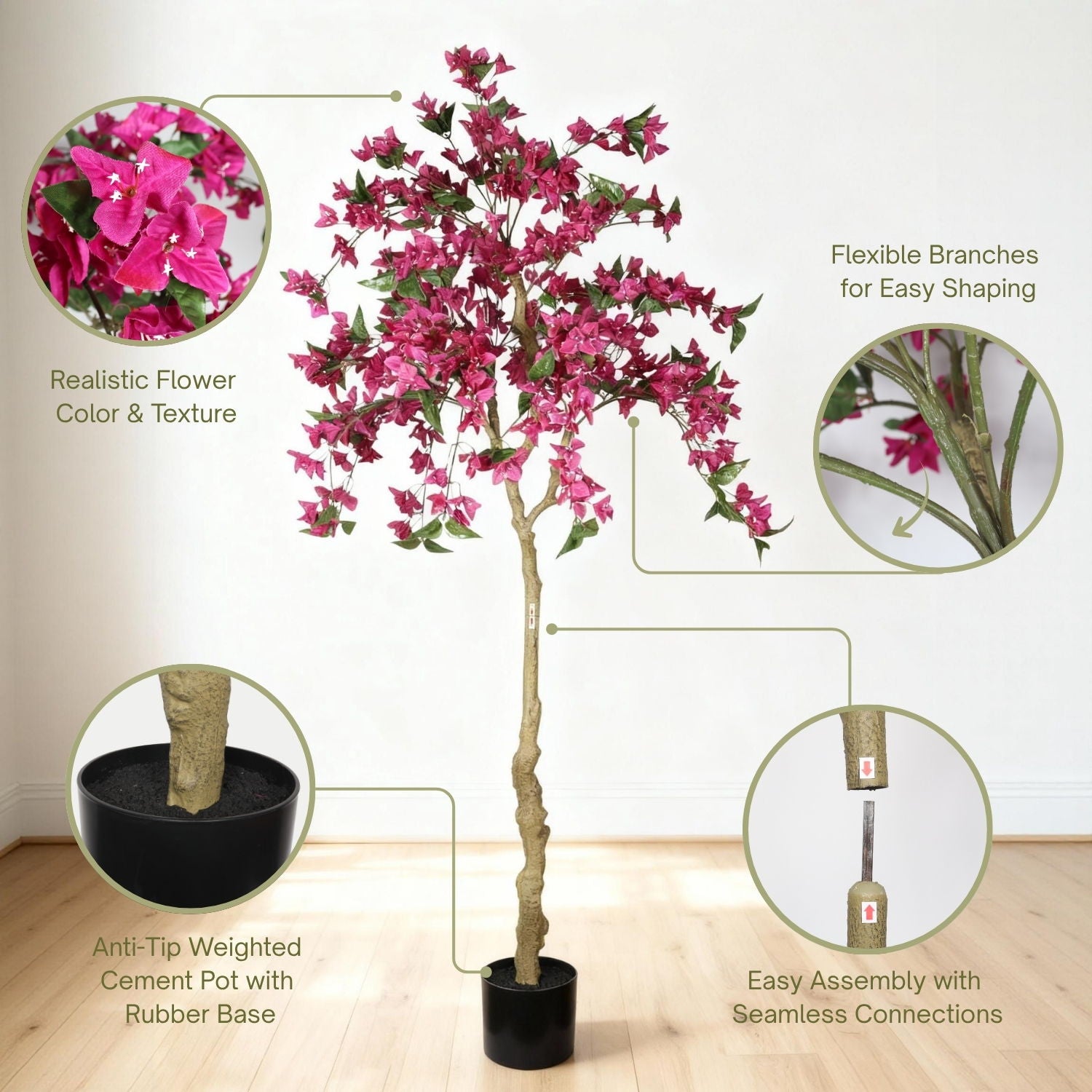 Artificial Bougainvillea Tree, Realistic Faux Potted Plant For Indoor Home Decor - Dark Pink / Green Leaves