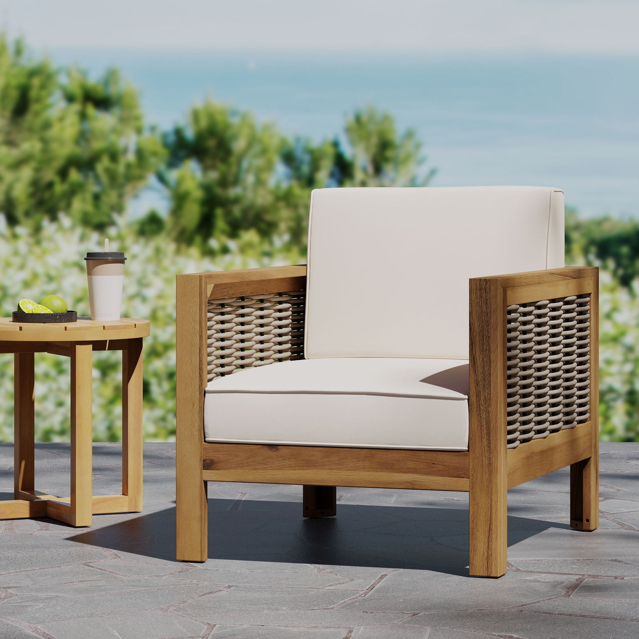 Outdoor Acacia Wood Club Chair With Wicker Accents