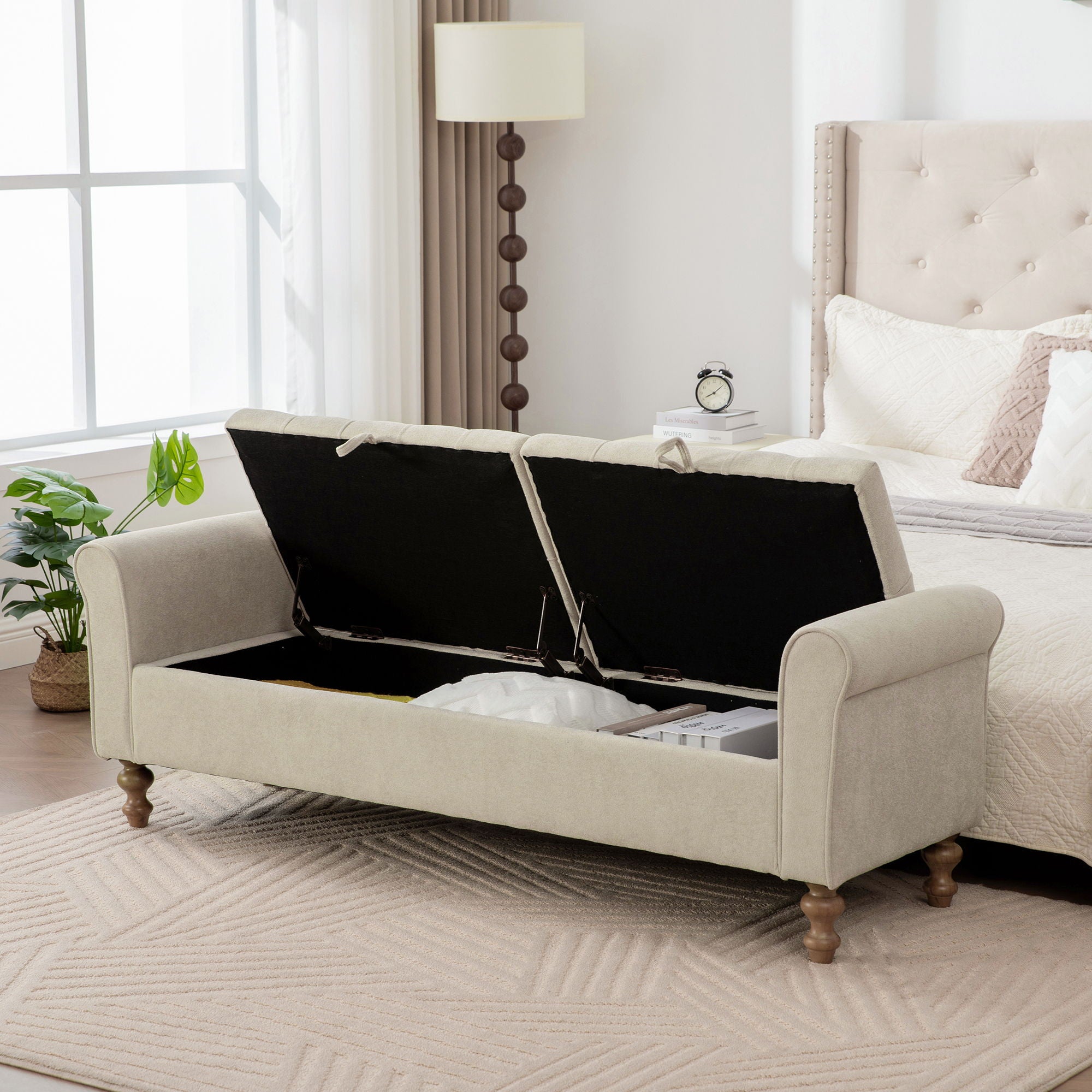 Napped Storage Bench With Rolled Armrest - Griege