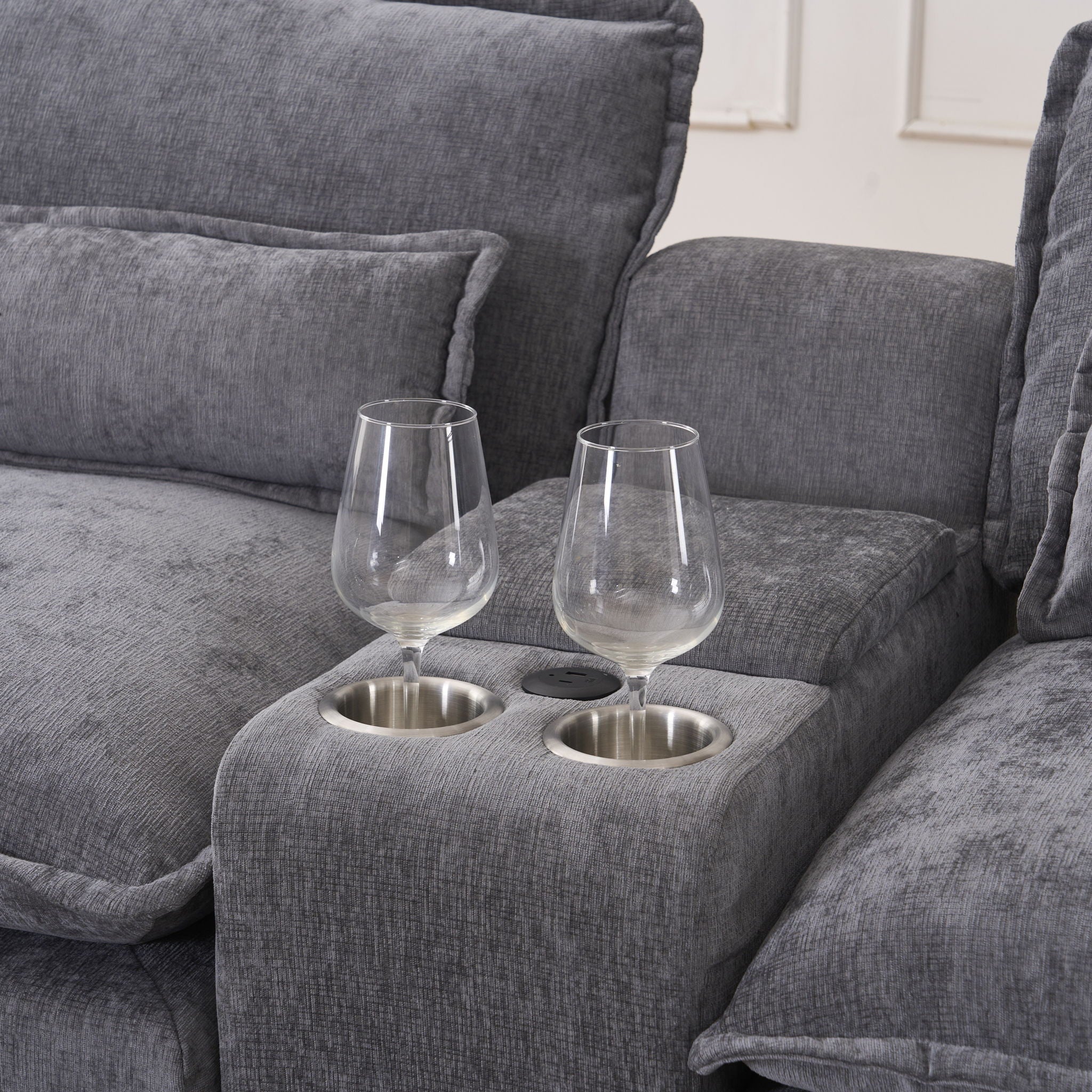 U Shaped Sofa With Console, Cupholders, USB Ports, 6 Seat, Bronzing Suede &