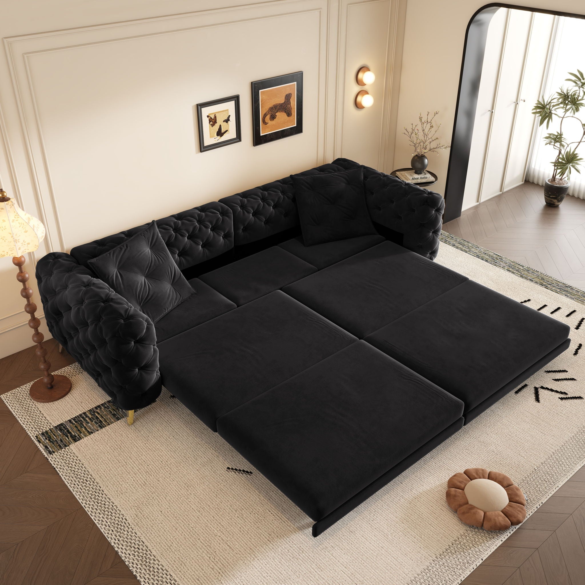 3 In 1 Convertible Sleeper, Deep Seat Pull Out Sofa Bed, Button Tufted