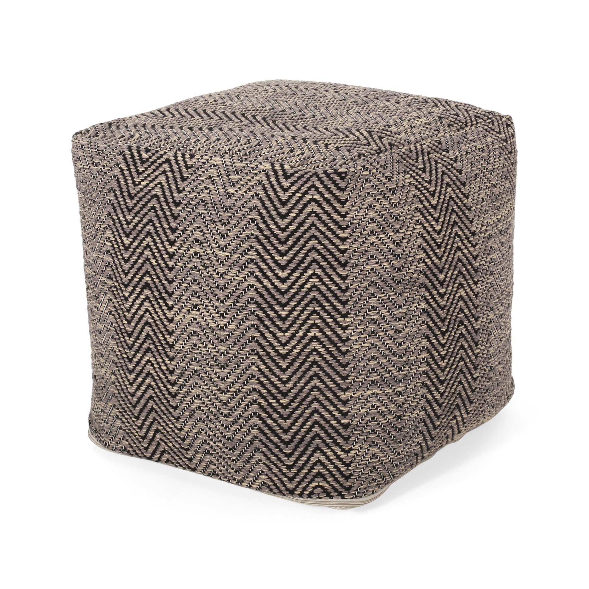 Barracuda - Handcrafted Cotton Pouf With Chevron Pattern - Brown / Beige