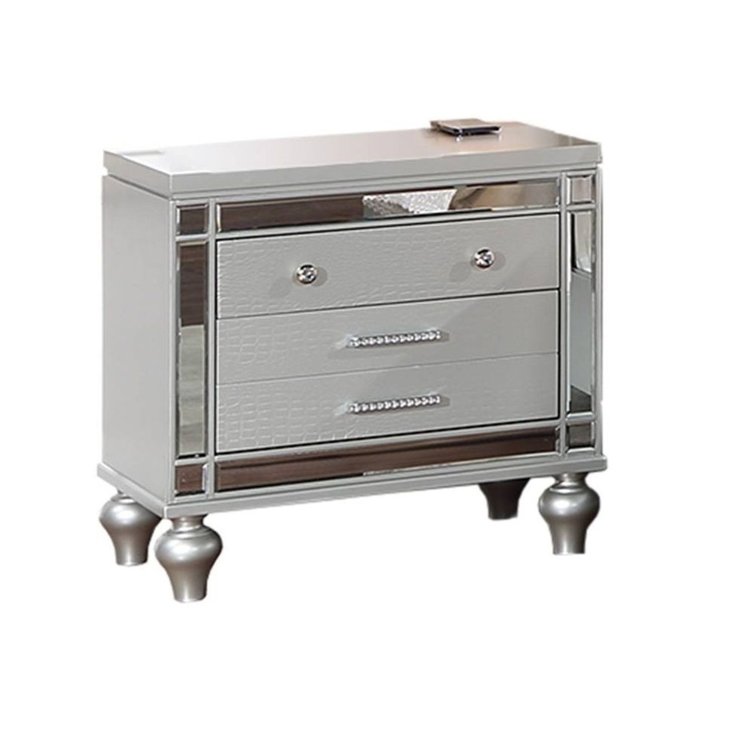Modern Bed With LED Lights And Glass Panels, 2 Nightstands