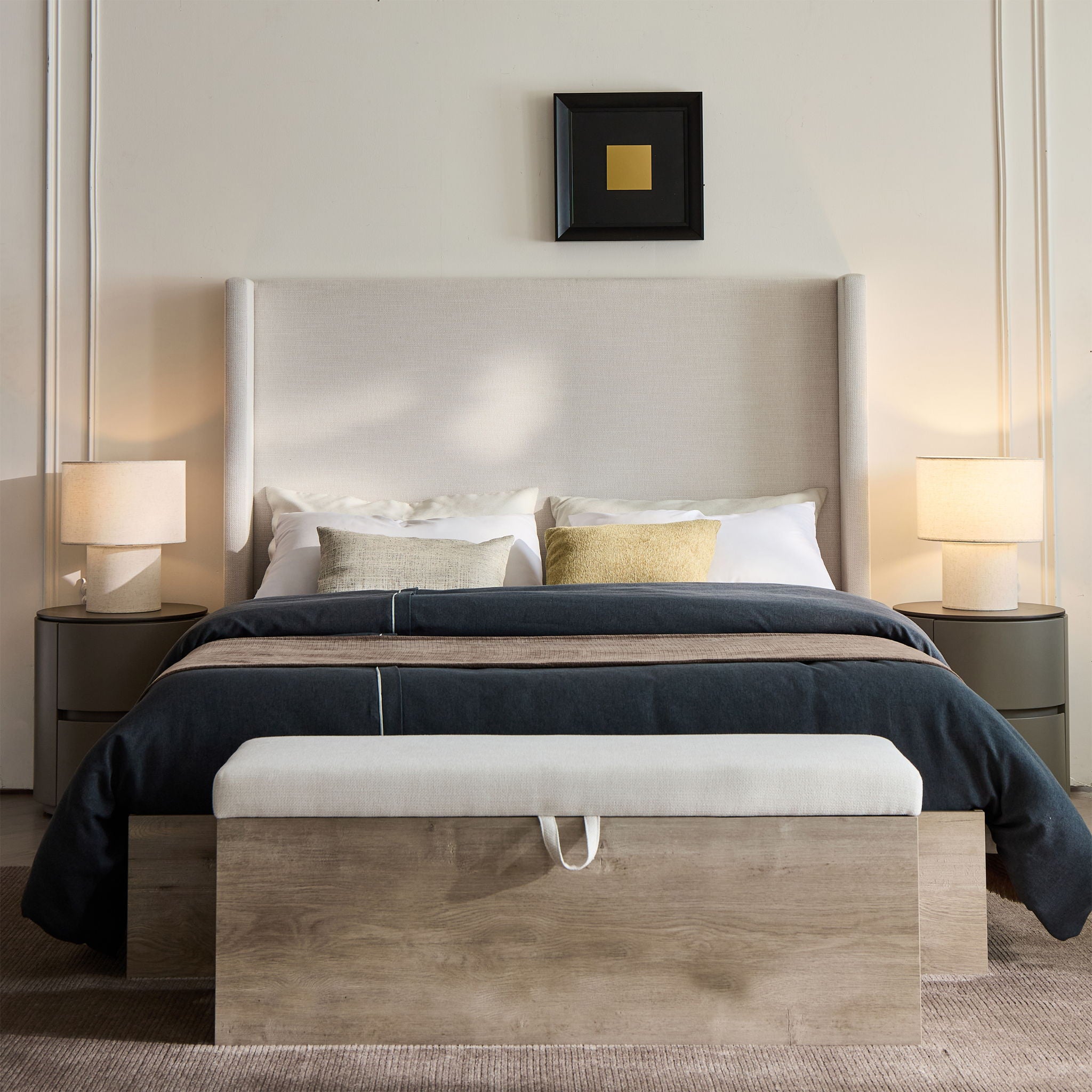 Shelton - Upholstered Flip Top Storage Bench - Ivory / Light Gray / Camel Oak