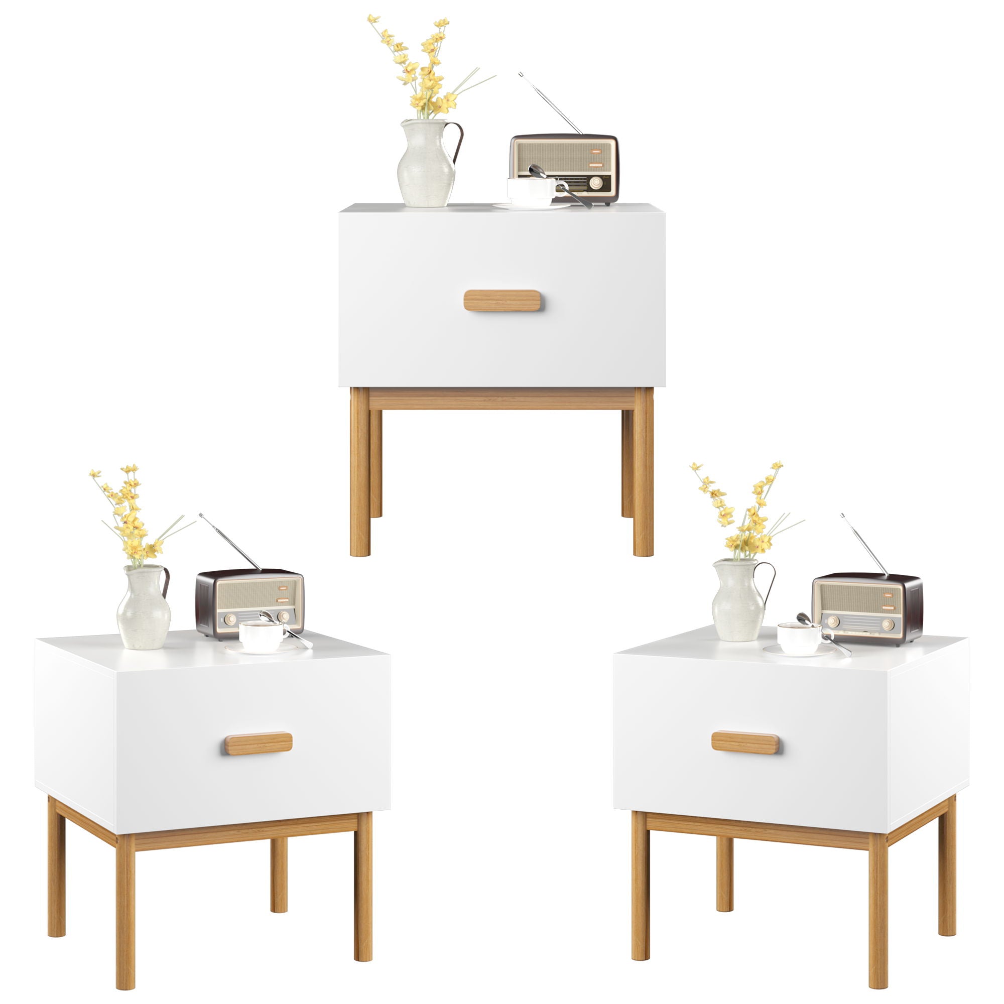 Nightstand With Drawer, Minimalist Bedside Table With Handle For Bedroom - White