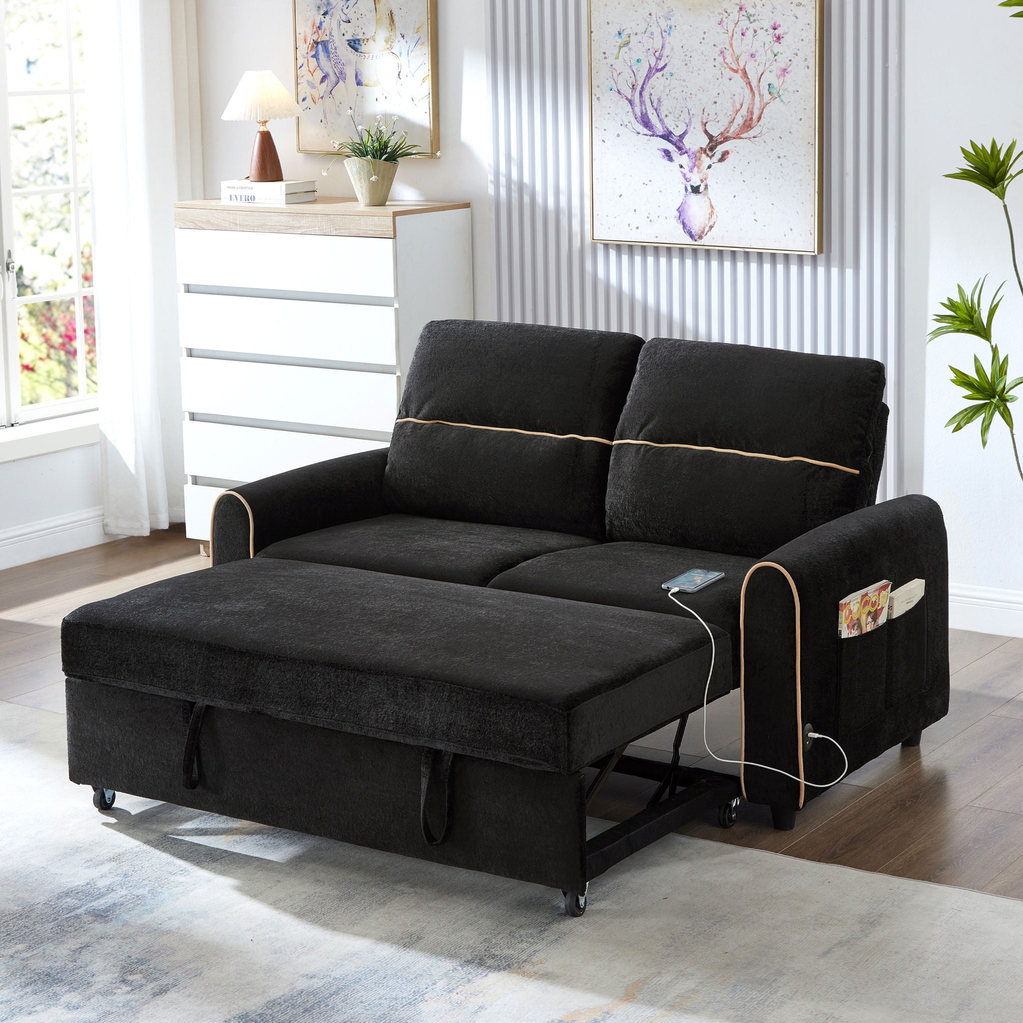 Pull Out Sofa Bed With Adjustable 3 Position Backrest, USB Charging Ports, Side Pockets