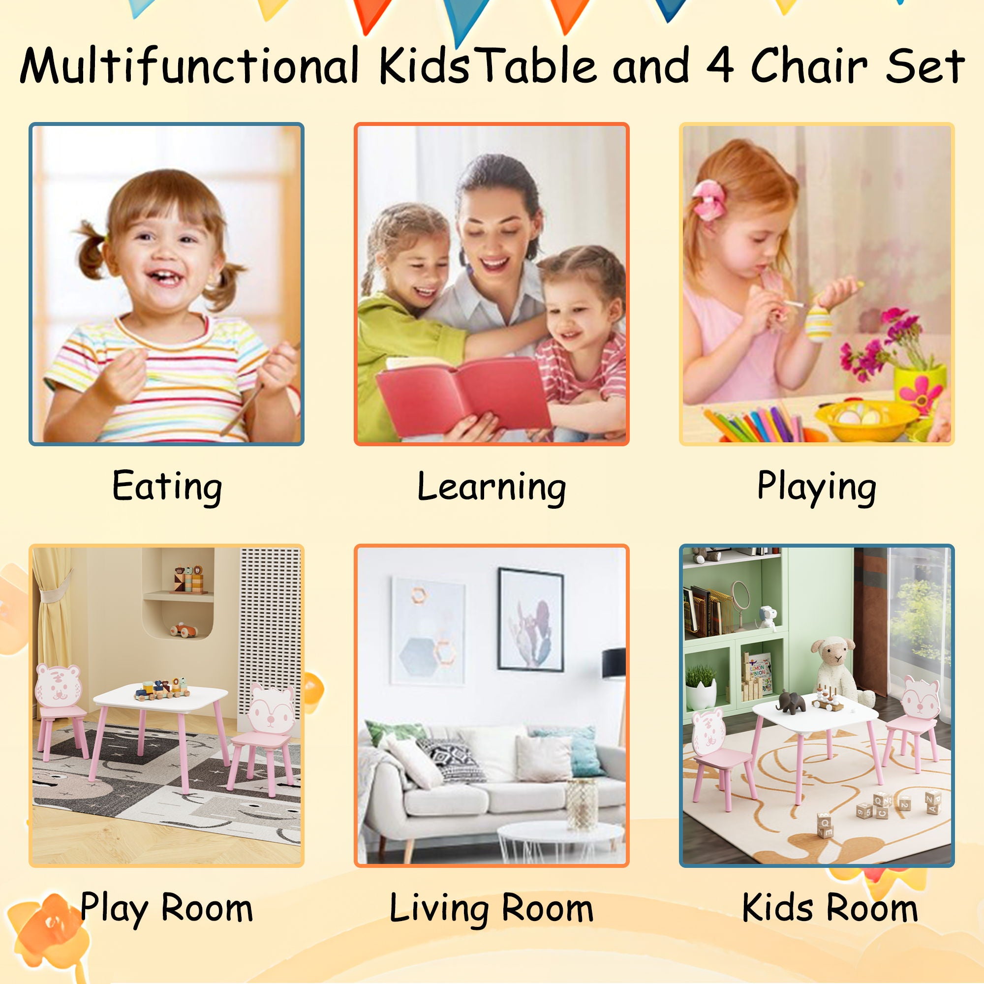 Table And Chair Set, 3 Piece Wooden Toddler Desk With Animal Backrest - Pink / White