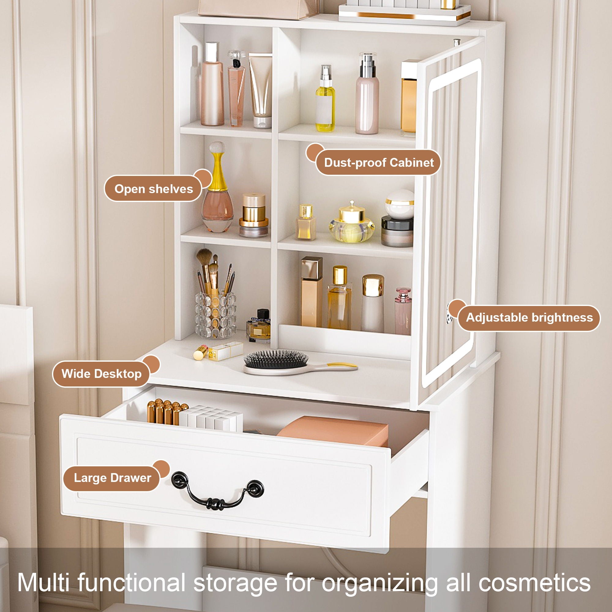 Modern Mini Dressing Table With Led-Lit Mirror & Hidden Storage, Adjustable Brightness Vanity Desk - White