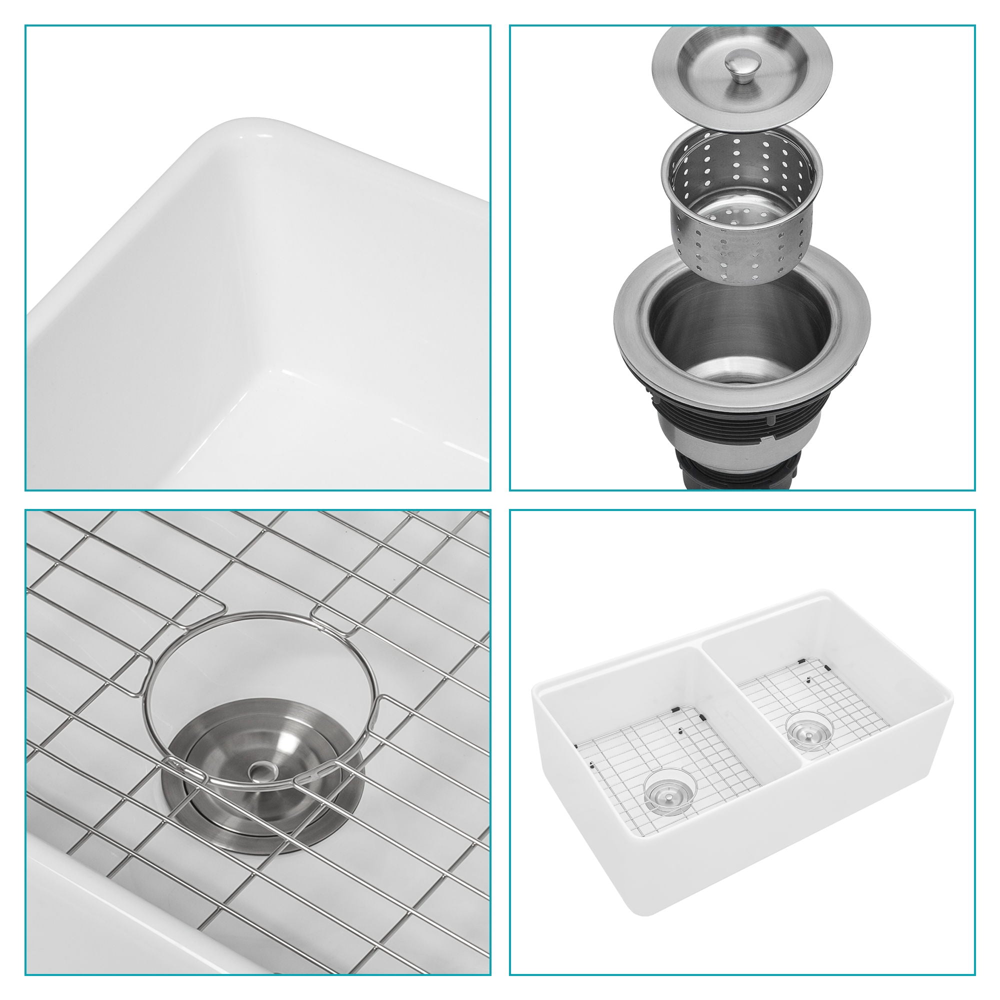 Double Bowl Sink Workstation 33" With Built In Work Surface And Accessories - White