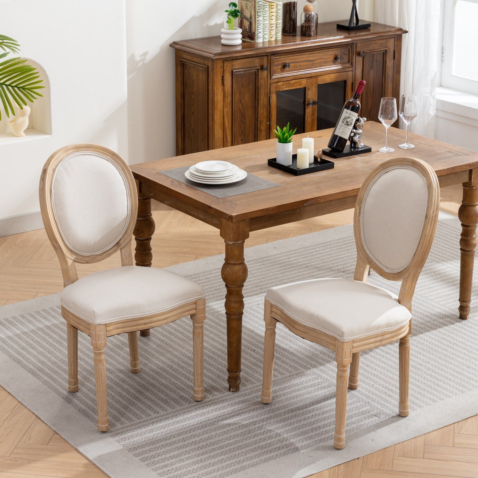 French Style Solid Wood Frame Antique Painting Fabric Back Dining Chair (Set of 2)