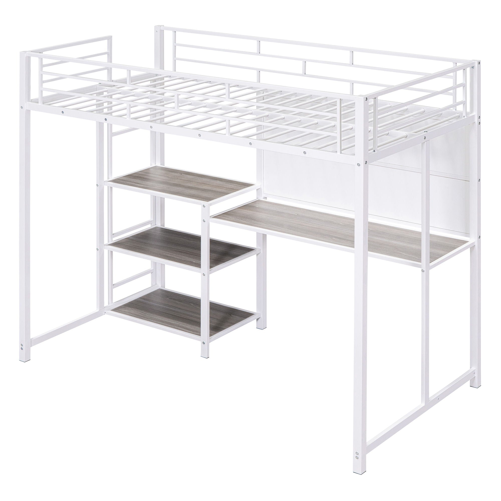 Metal Loft Bed With Desk, 3 Shelves And Ladder