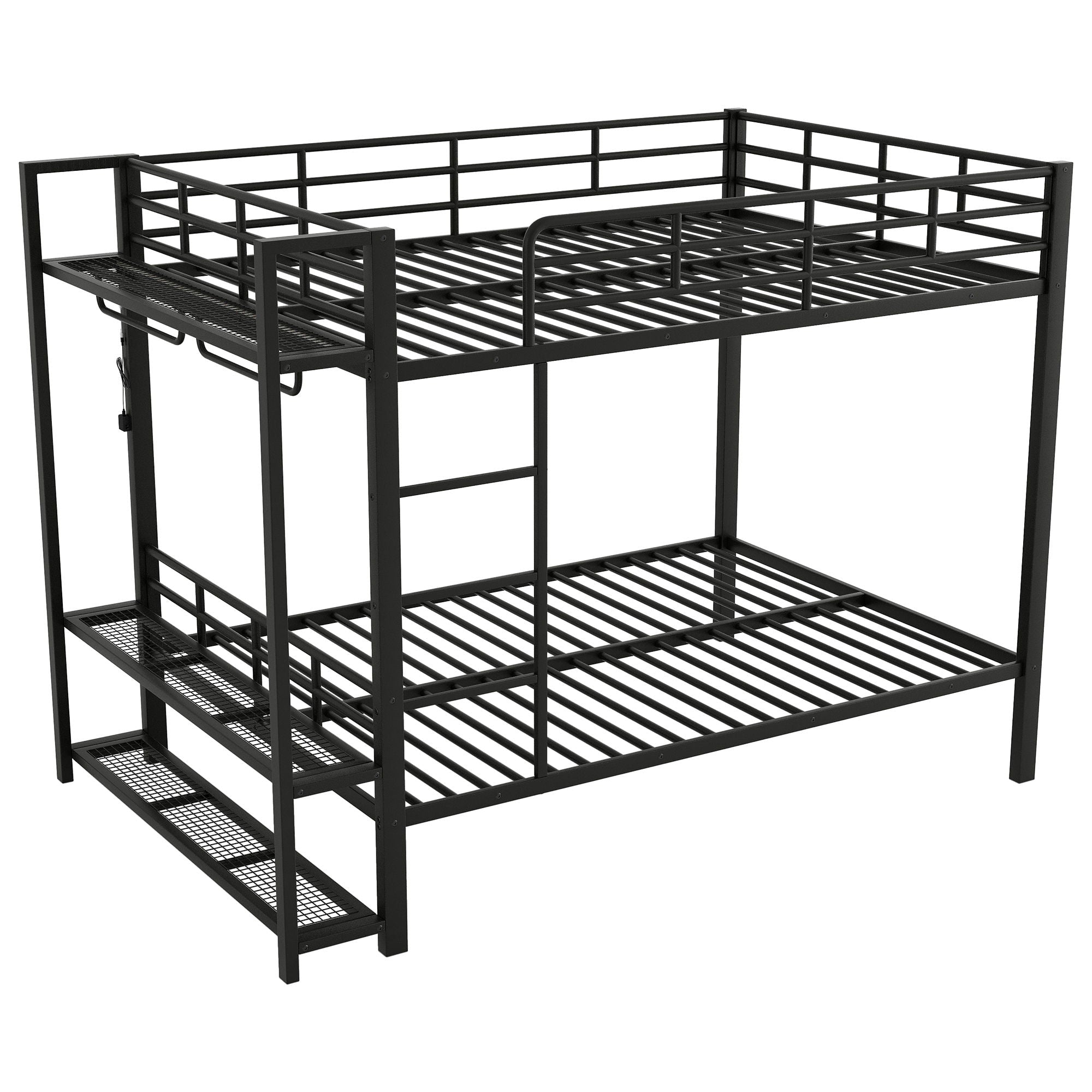 Bunk Bed With Storage Shelves, Clothes Hooks, LED Light