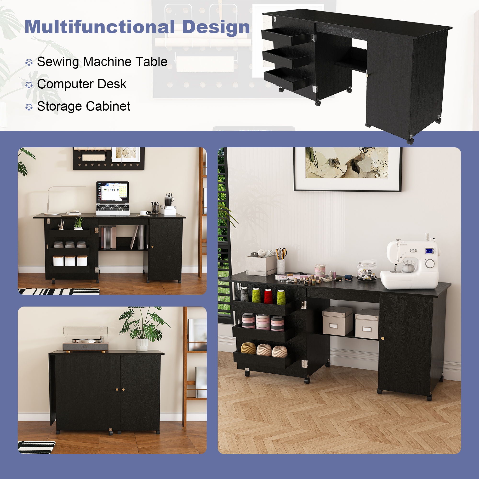 Foldable Sewing Table With Locking Casters