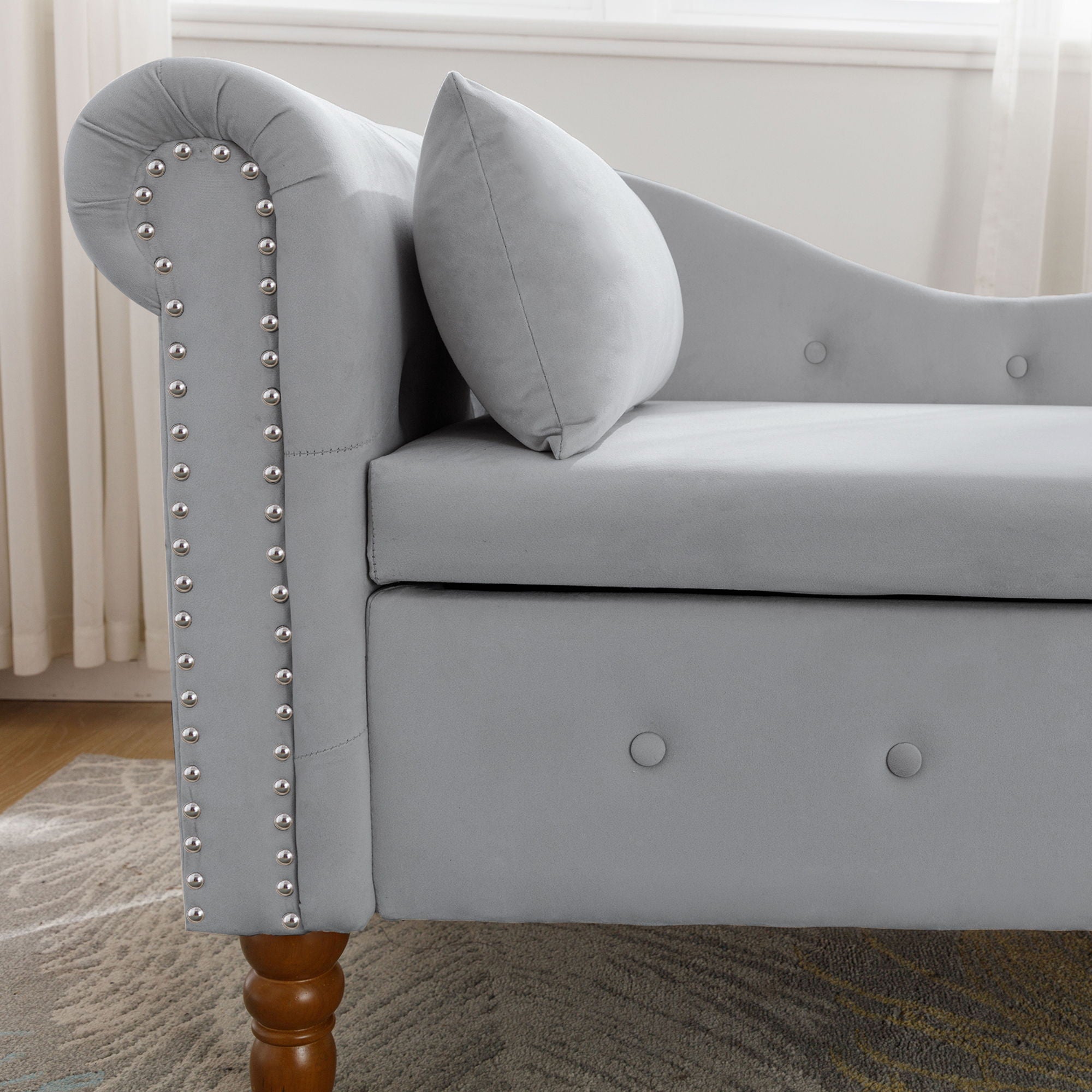 Chaise Lounge Indoor, Lounge Chair For Bedroom With Storage & Pillow, Modern Upholstered Rolled Arm Chase Lounge For Sleeping With Nailhead Trim For Living Room Bedroom Office