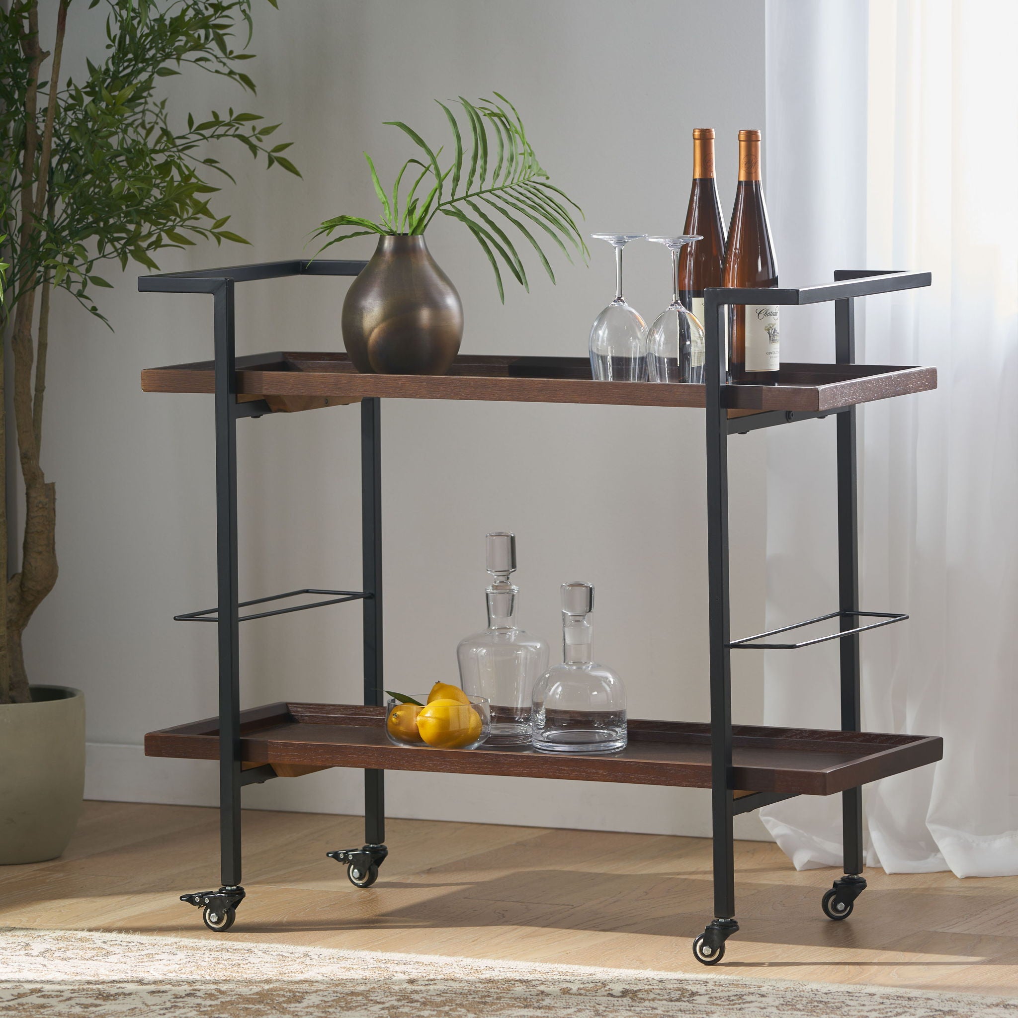 Modern Industrial Bar Cart With Shelving And Casters
