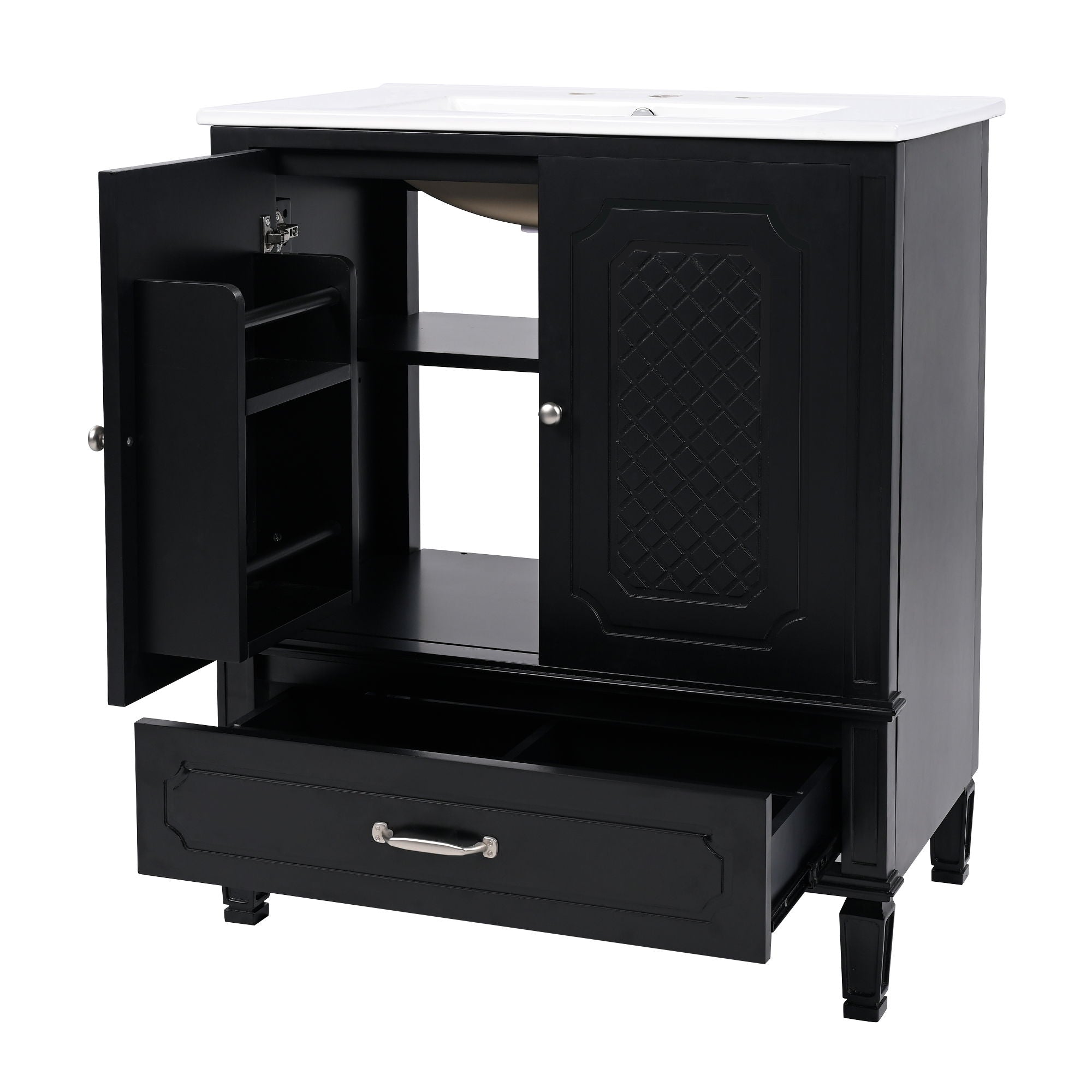 Vintage Style 30" Bathroom Vanity With Sink, Multi Functional Storage, Soft Closing Door - Black