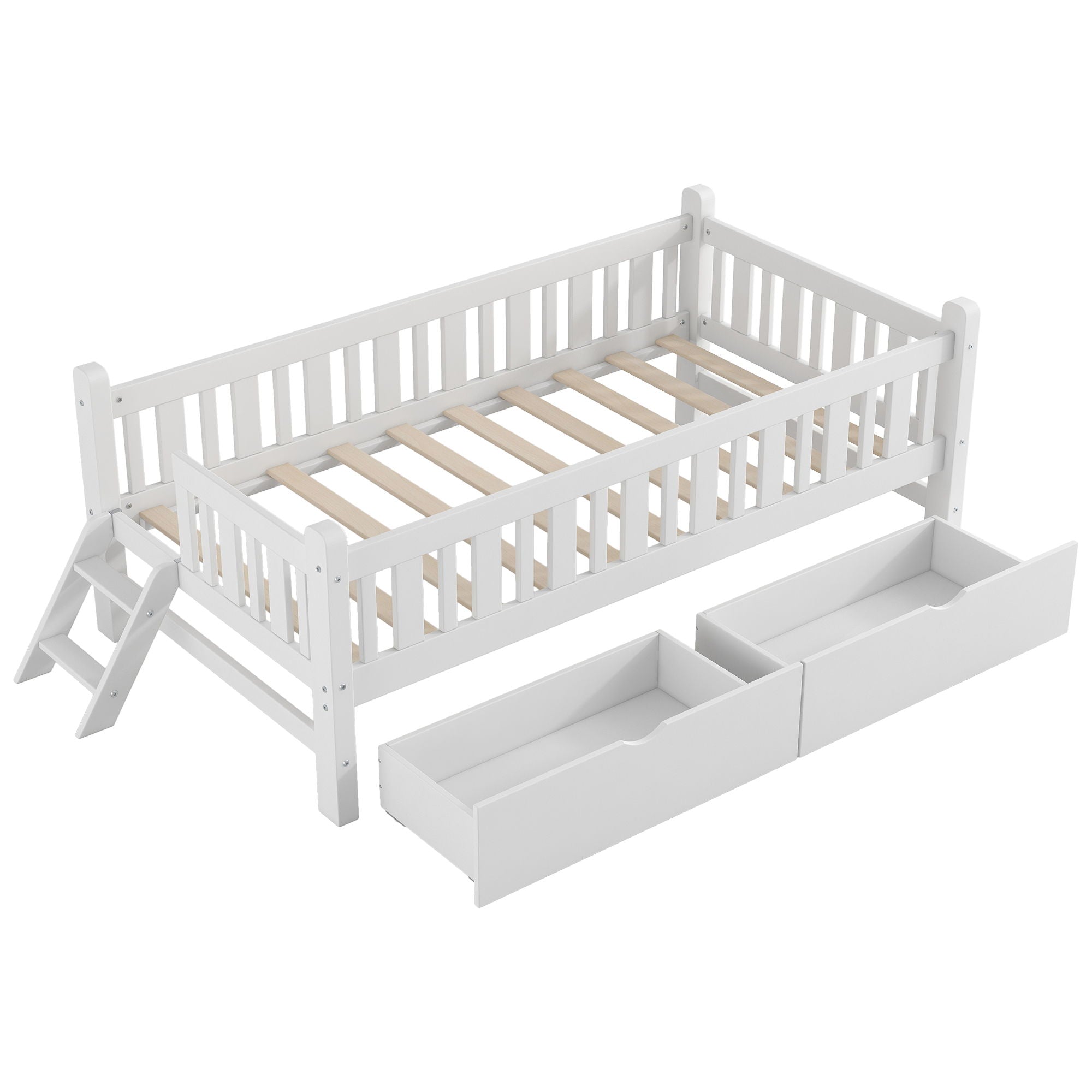 Platform Bed With Guardrail And 2 Drawers